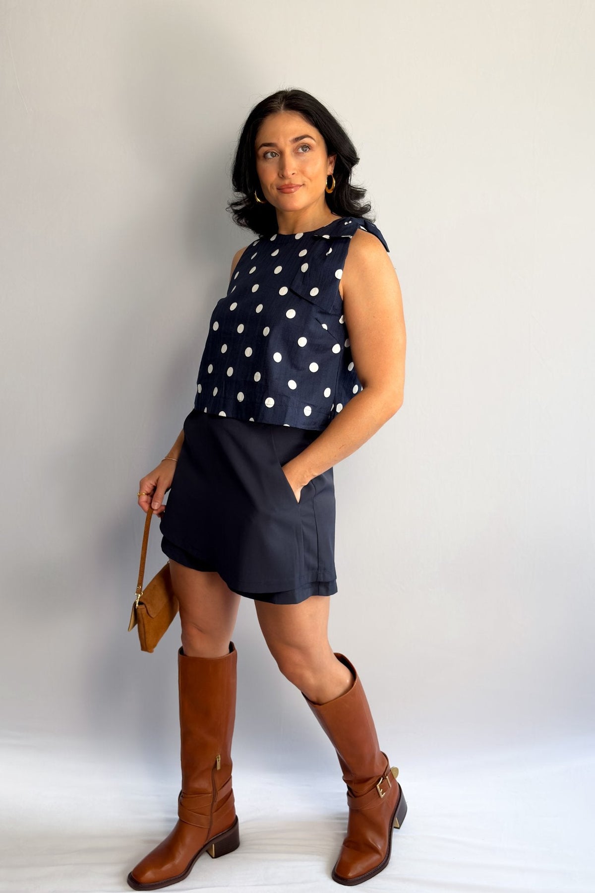 Women’s Navy Polka Dot Sleeveless Top – Bow - Shoulder Detail, Boxy Fit - Women&#39;s Shirts &amp; Tops - Blooming Daily