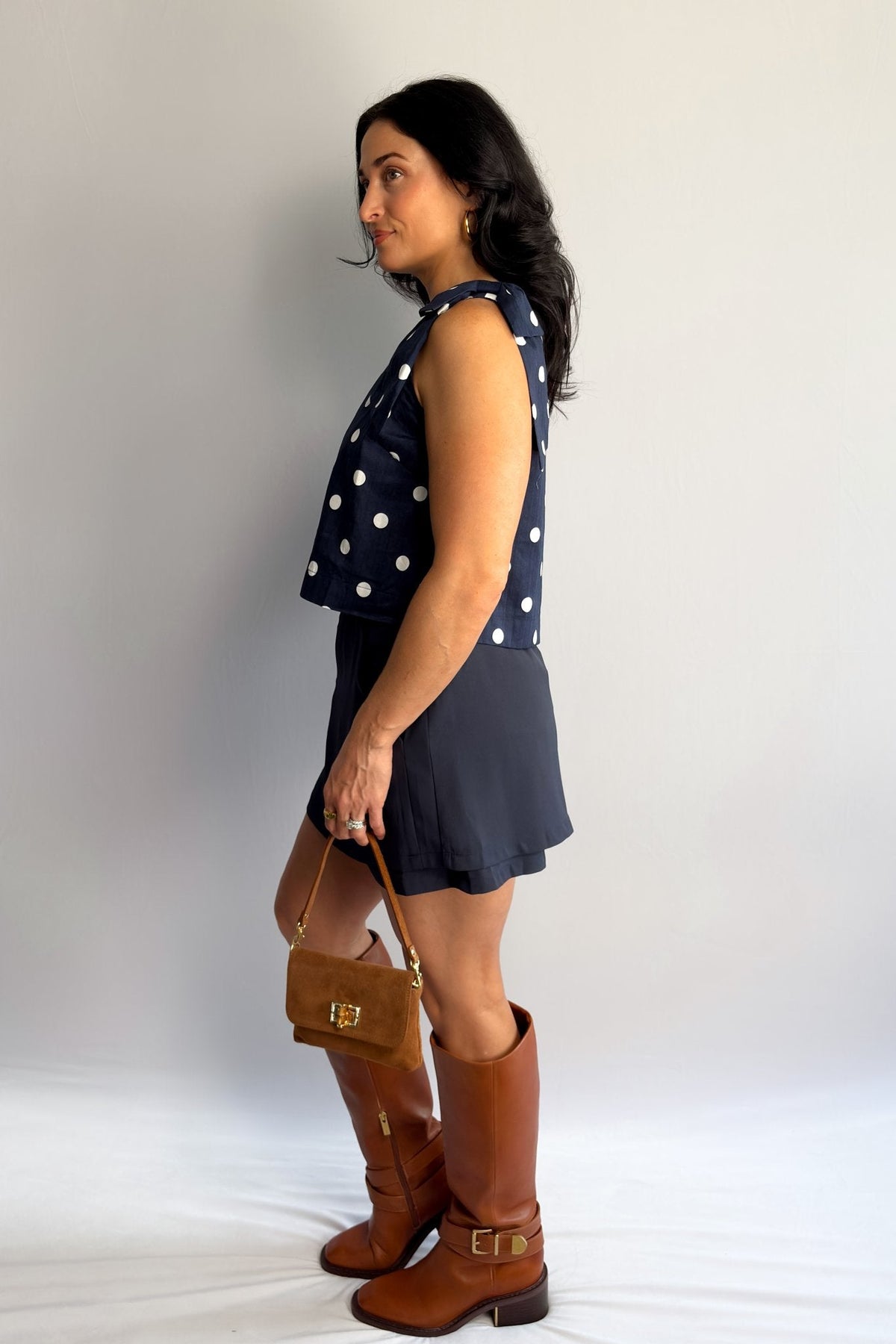 Women’s Navy Polka Dot Sleeveless Top – Bow - Shoulder Detail, Boxy Fit - Women&#39;s Shirts &amp; Tops - Blooming Daily
