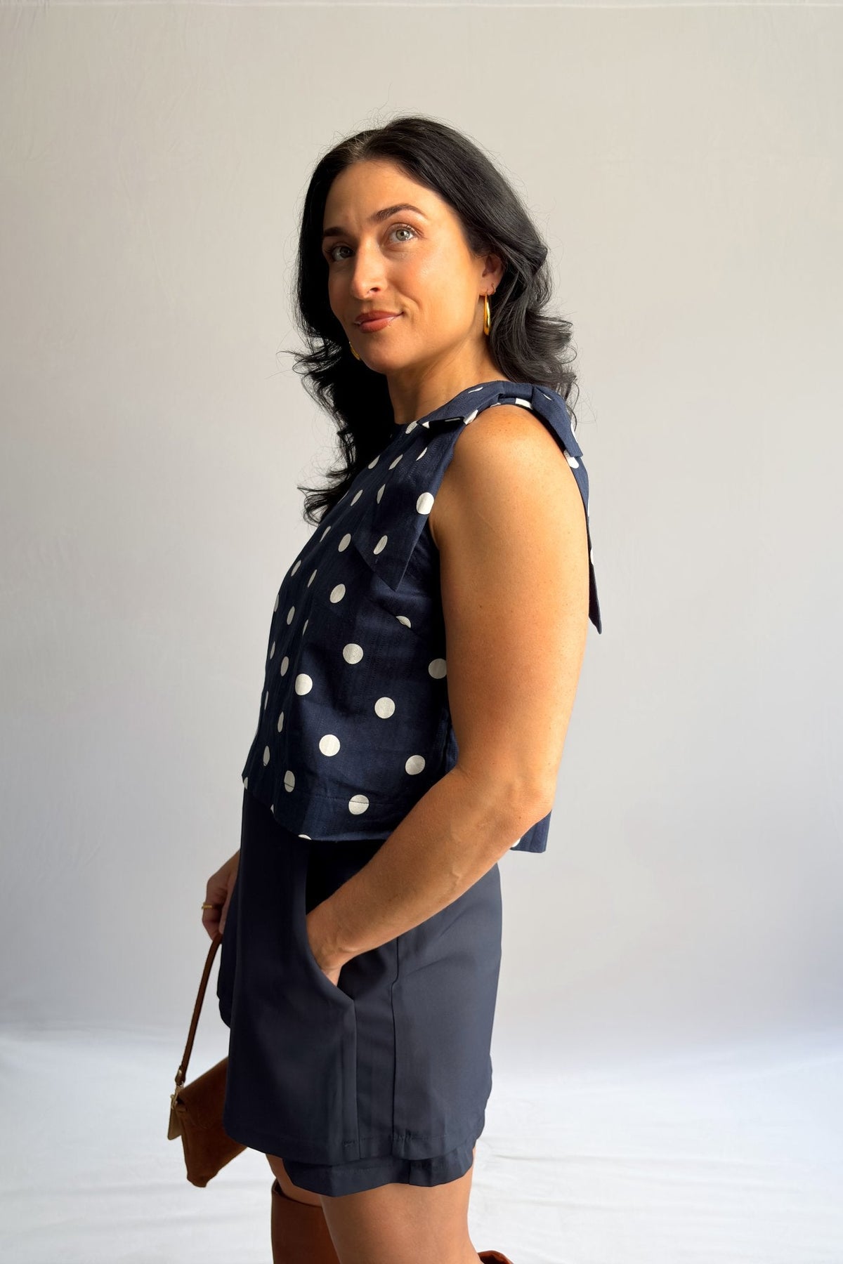 Women’s Navy Polka Dot Sleeveless Top – Bow - Shoulder Detail, Boxy Fit - Women&#39;s Shirts &amp; Tops - Blooming Daily