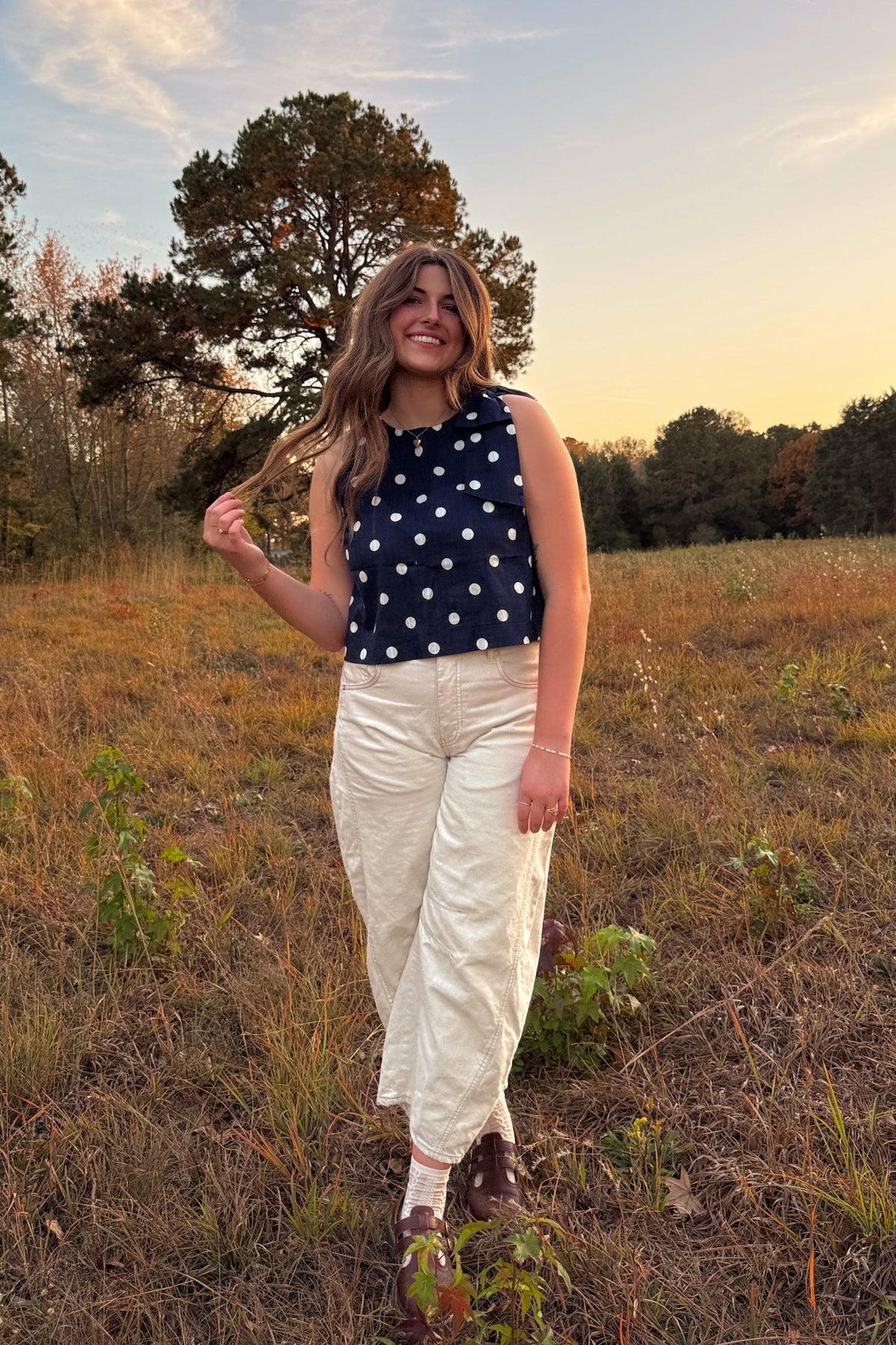 Women’s Navy Polka Dot Sleeveless Top – Bow - Shoulder Detail, Boxy Fit - Women's Shirts & Tops - Blooming Daily