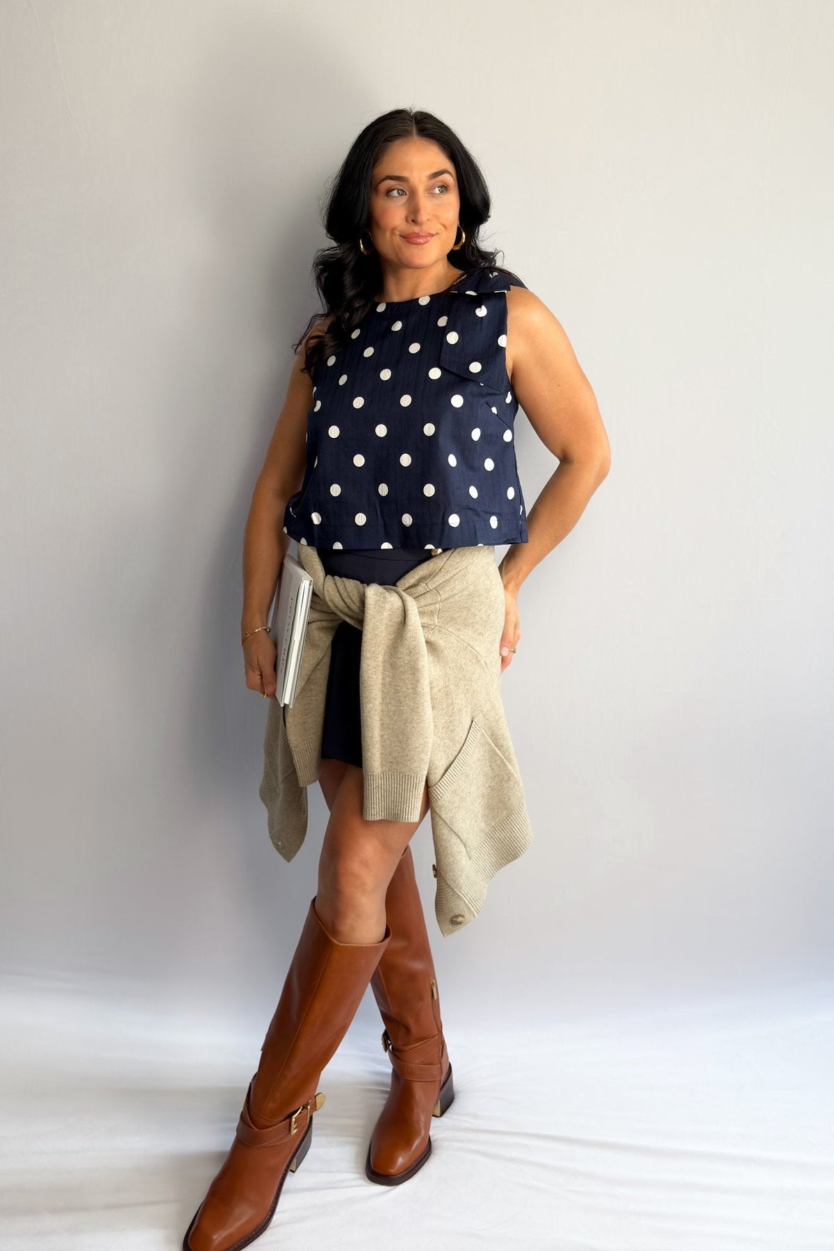 Women’s Navy Polka Dot Sleeveless Top – Bow - Shoulder Detail, Boxy Fit - Women&#39;s Shirts &amp; Tops - Blooming Daily