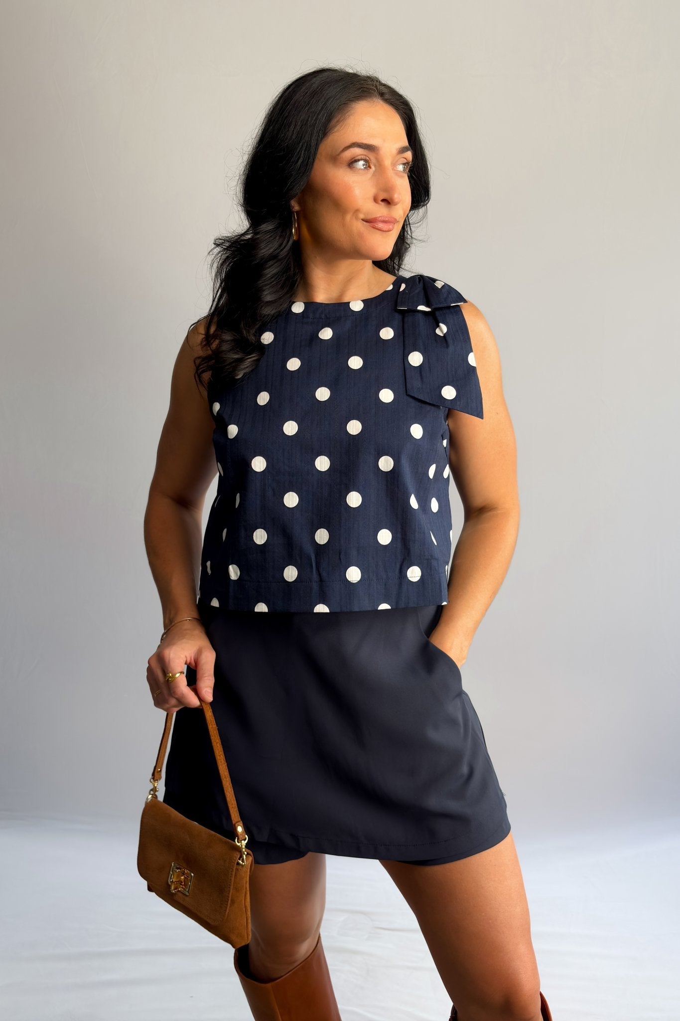 Women’s Navy Polka Dot Sleeveless Top – Bow - Shoulder Detail, Boxy Fit - Women's Shirts & Tops - Blooming Daily