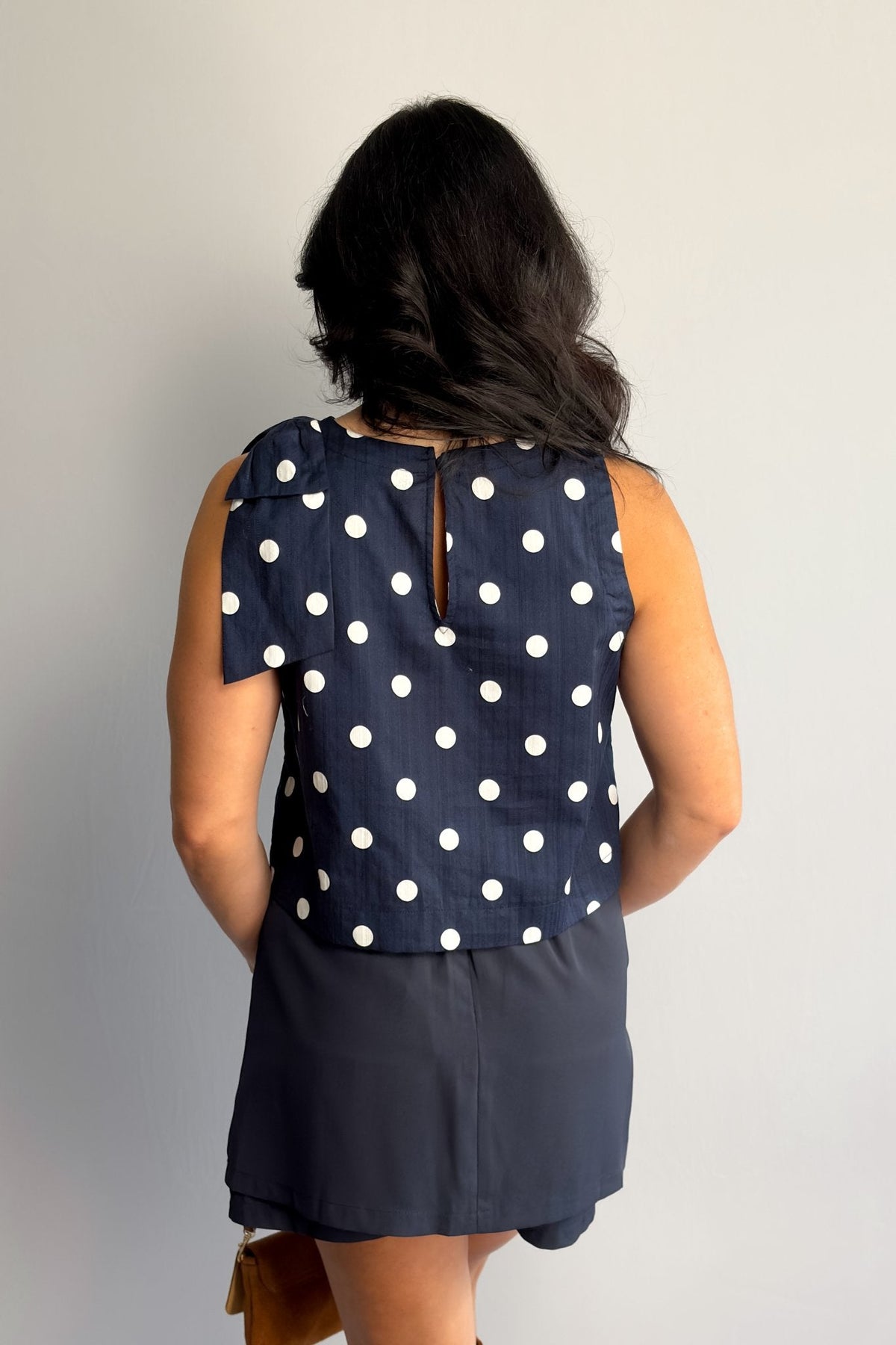 Women’s Navy Polka Dot Sleeveless Top – Bow - Shoulder Detail, Boxy Fit - Women&#39;s Shirts &amp; Tops - Blooming Daily