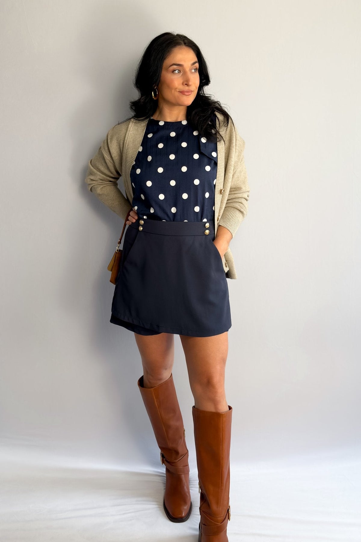 Women’s Navy Sailor Button Skort – High - Waisted Mini, Built - In Shorts, Pockets - Women&#39;s Skirts - Blooming Daily