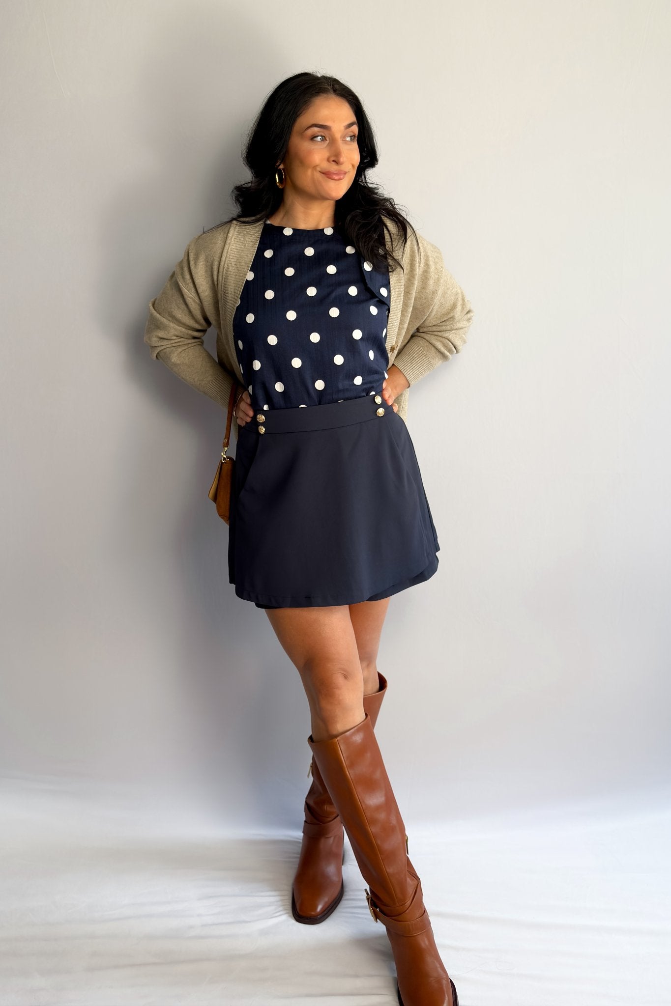 Women’s Navy Sailor Button Skort – High - Waisted Mini, Built - In Shorts, Pockets - Women's Skirts - Blooming Daily