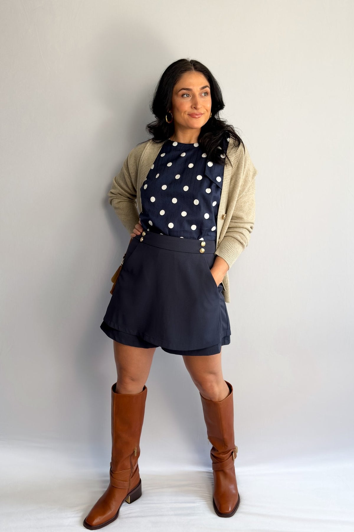 Women’s Navy Sailor Button Skort – High - Waisted Mini, Built - In Shorts, Pockets - Women&#39;s Skirts - Blooming Daily