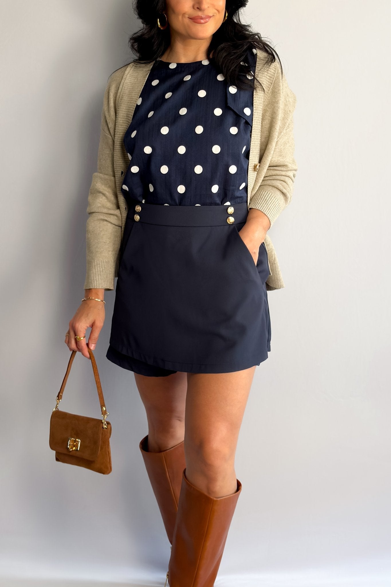 Women’s Navy Sailor Button Skort – High - Waisted Mini, Built - In Shorts, Pockets - Women's Skirts - Blooming Daily