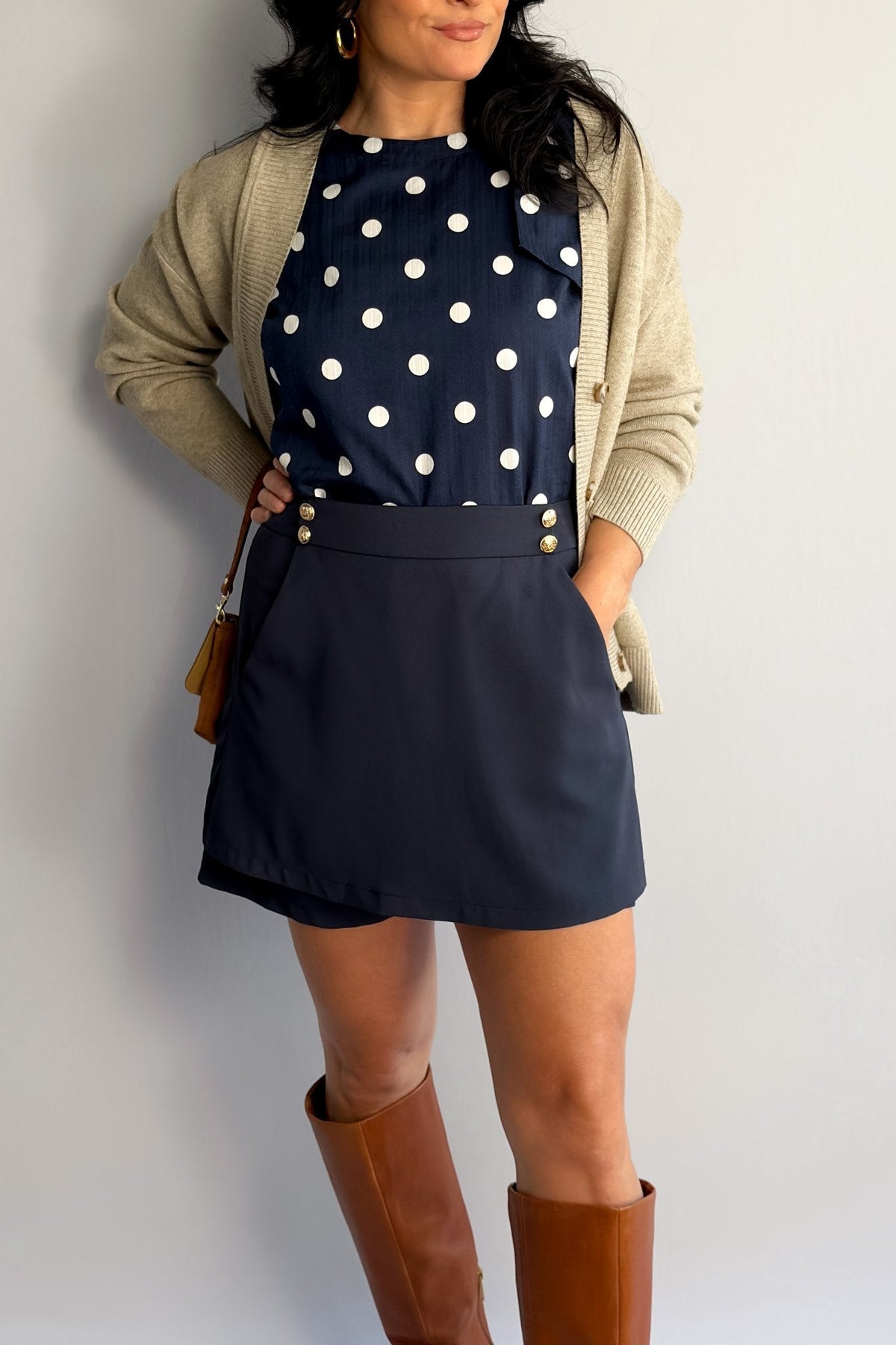 Women’s Navy Sailor Button Skort – High - Waisted Mini, Built - In Shorts, Pockets - Women&#39;s Skirts - Blooming Daily