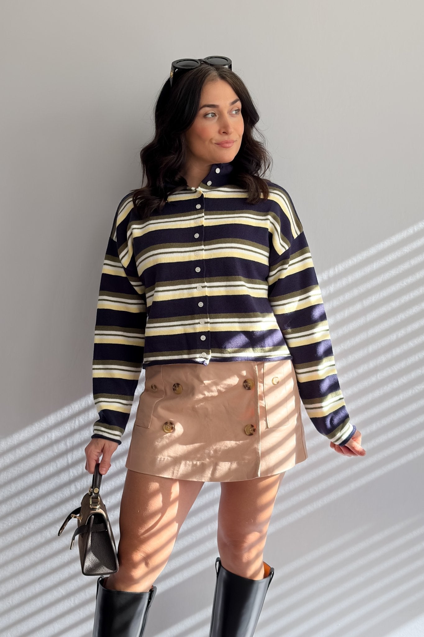 Women’s Navy Stripe Roll Hem Knit Cardigan - Women's Sweaters - Blooming Daily