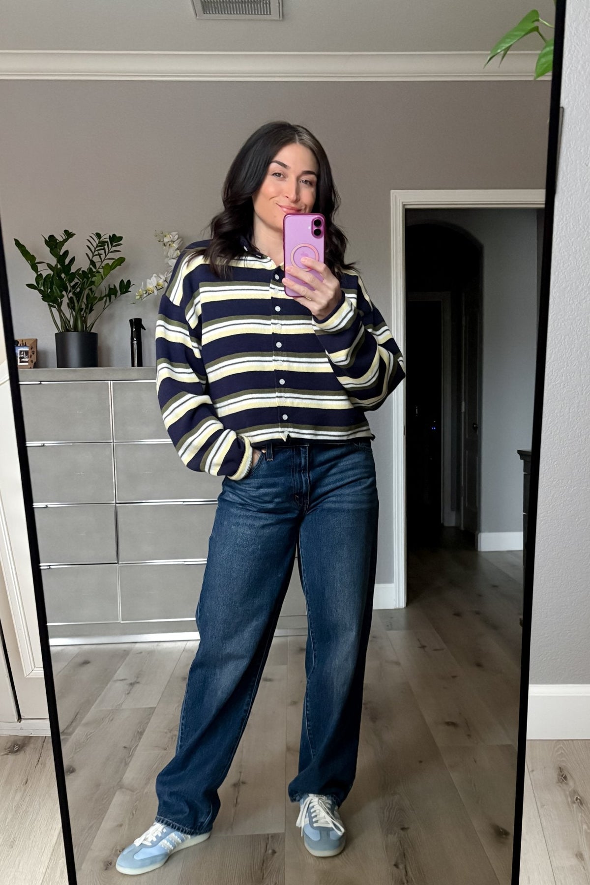 Women’s Navy Stripe Roll Hem Knit Cardigan - Women's Sweaters - Blooming Daily