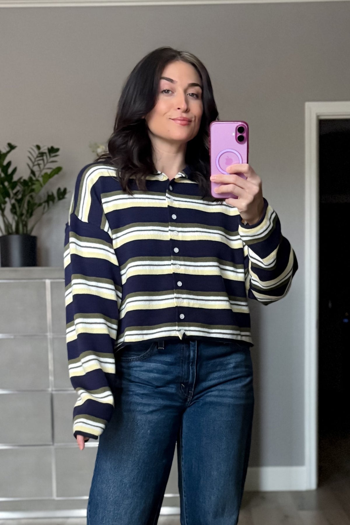 Women’s Navy Stripe Roll Hem Knit Cardigan - Women's Sweaters - Blooming Daily