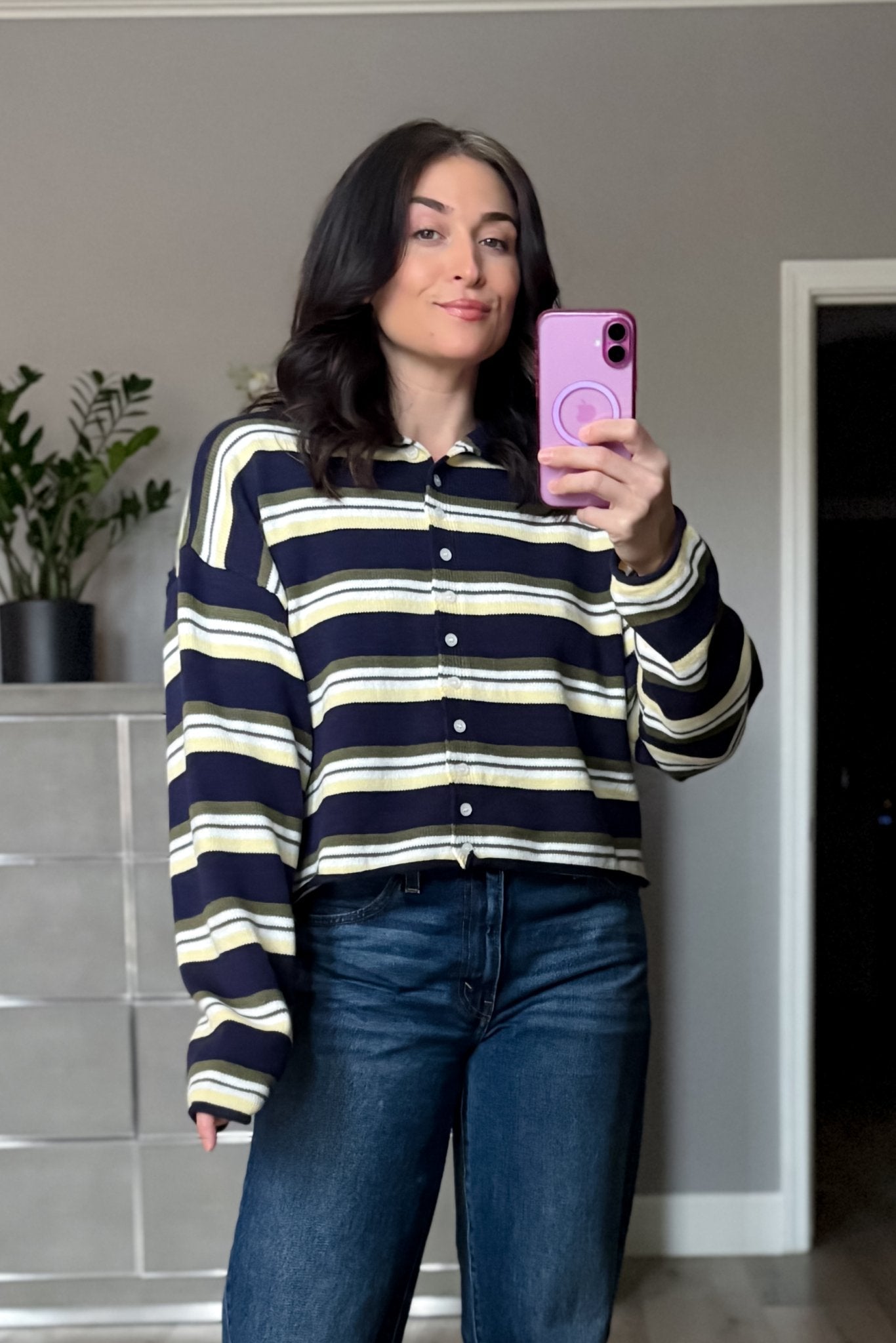 Women’s Navy Stripe Roll Hem Knit Cardigan - Women's Sweaters - Blooming Daily