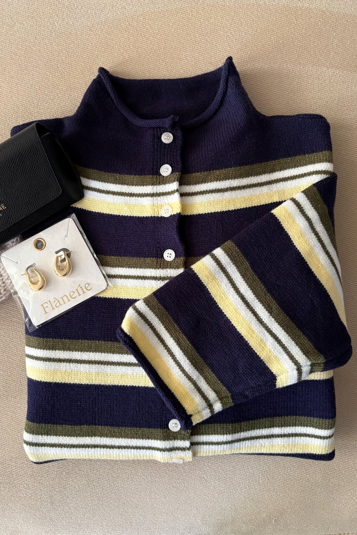 Women’s Navy Stripe Roll Hem Knit Cardigan - Women's Sweaters - Blooming Daily