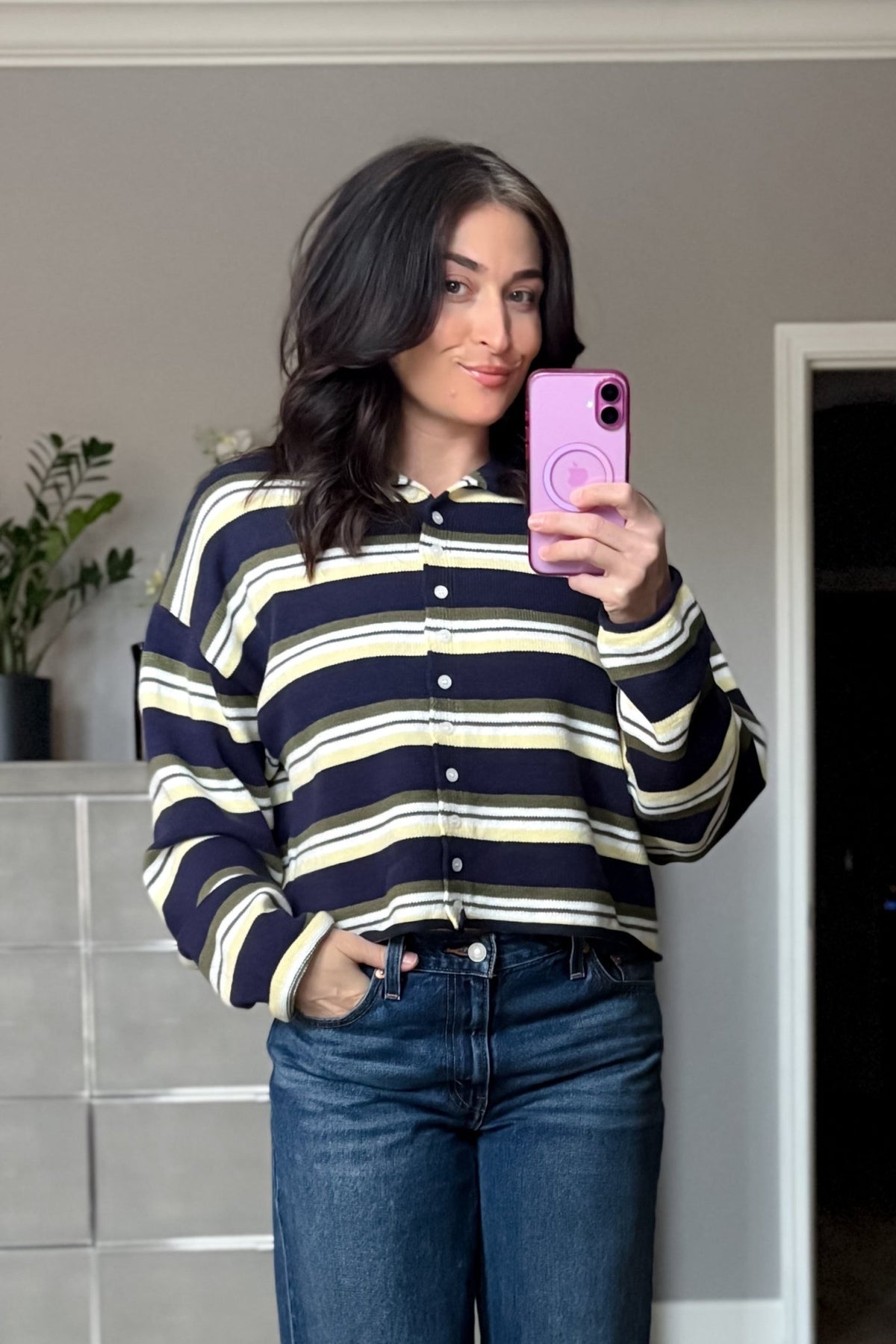 Women’s Navy Stripe Roll Hem Knit Cardigan - Women's Sweaters - Blooming Daily