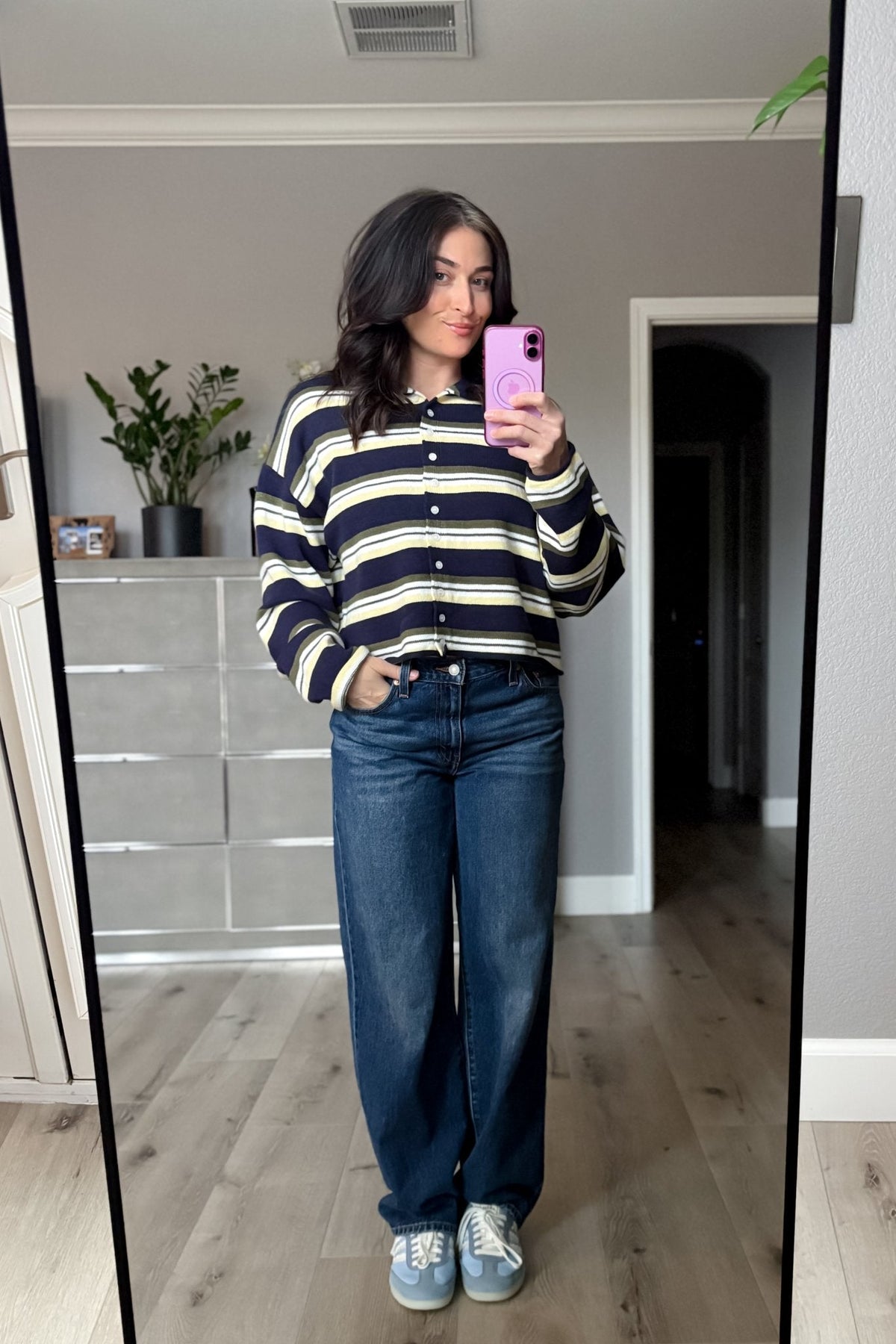 Women’s Navy Stripe Roll Hem Knit Cardigan - Women's Sweaters - Blooming Daily