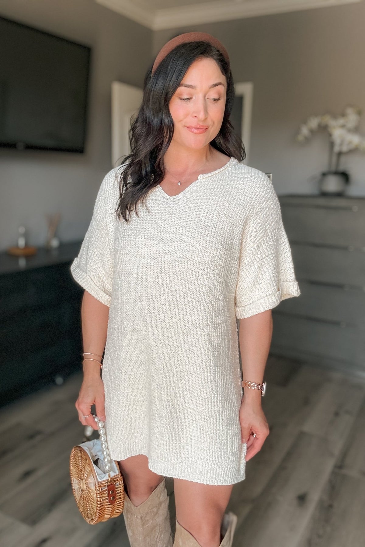 Women&#39;s Neutral Short Sleeve Oversized Knit Dress Top | Cream - Women&#39;s Dresses - Blooming Daily