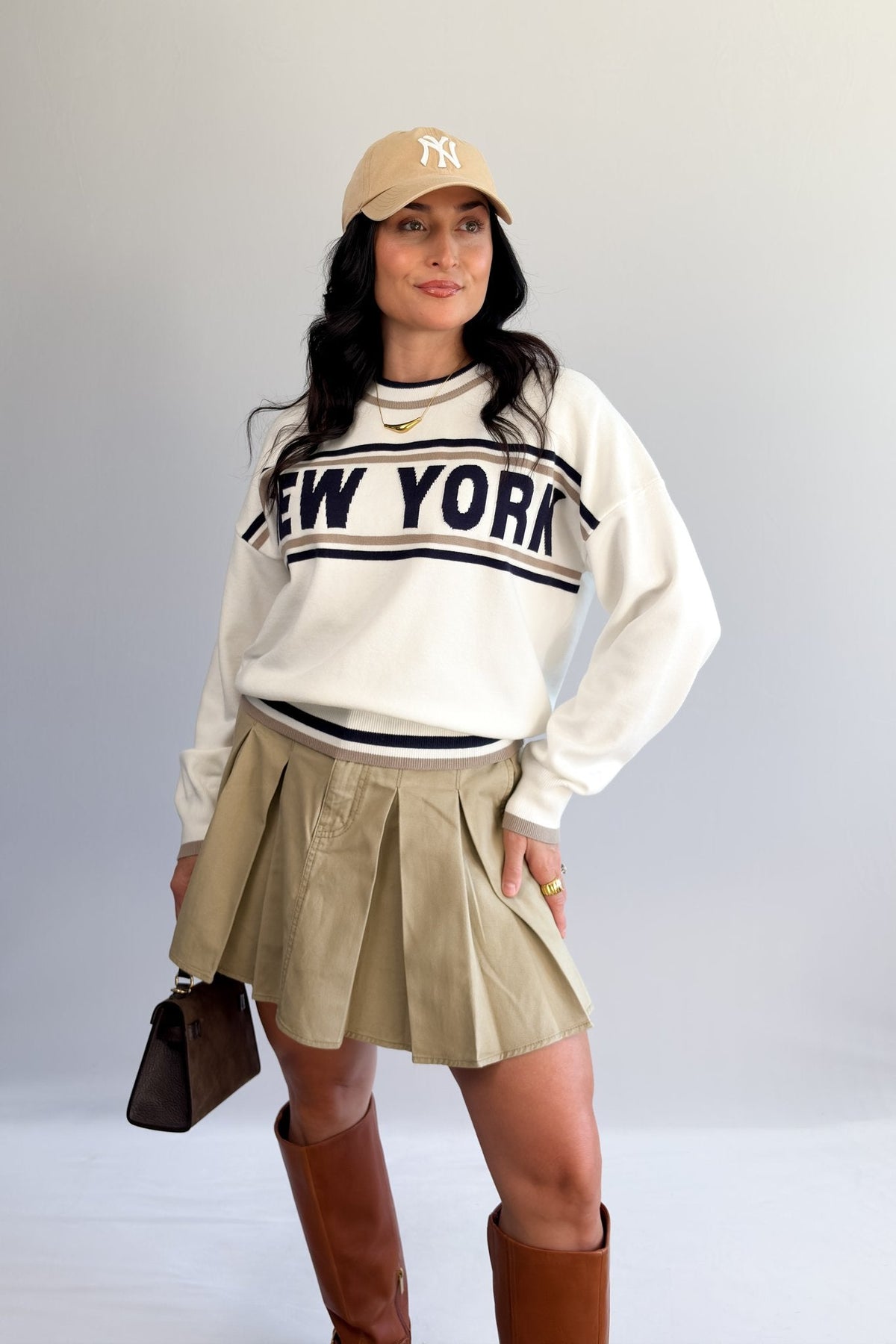 Women’s New York Varsity Knit Sweater – Ivory &amp; Navy - Women&#39;s Shirts &amp; Tops - Blooming Daily