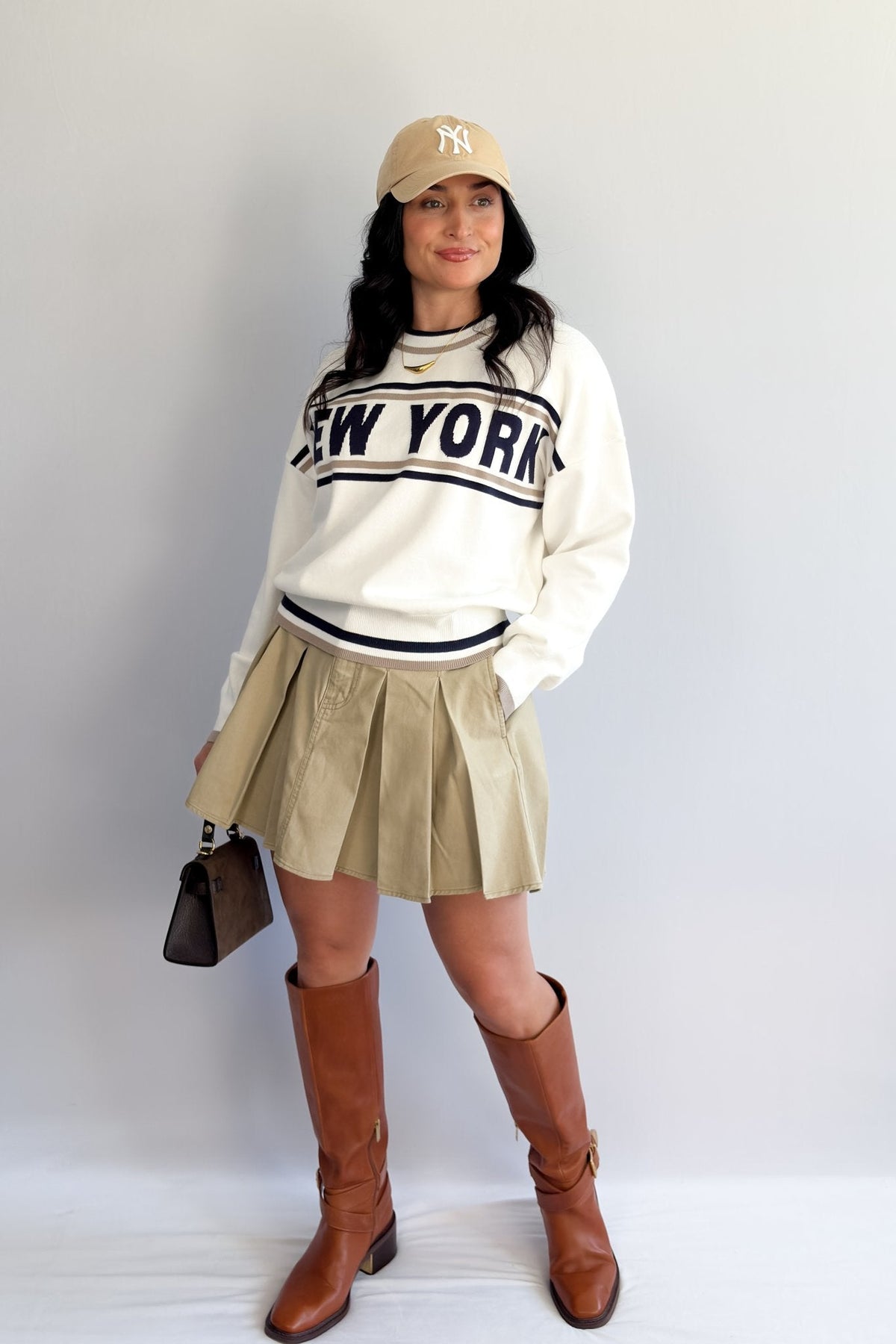 Women’s New York Varsity Knit Sweater – Ivory &amp; Navy - Women&#39;s Shirts &amp; Tops - Blooming Daily