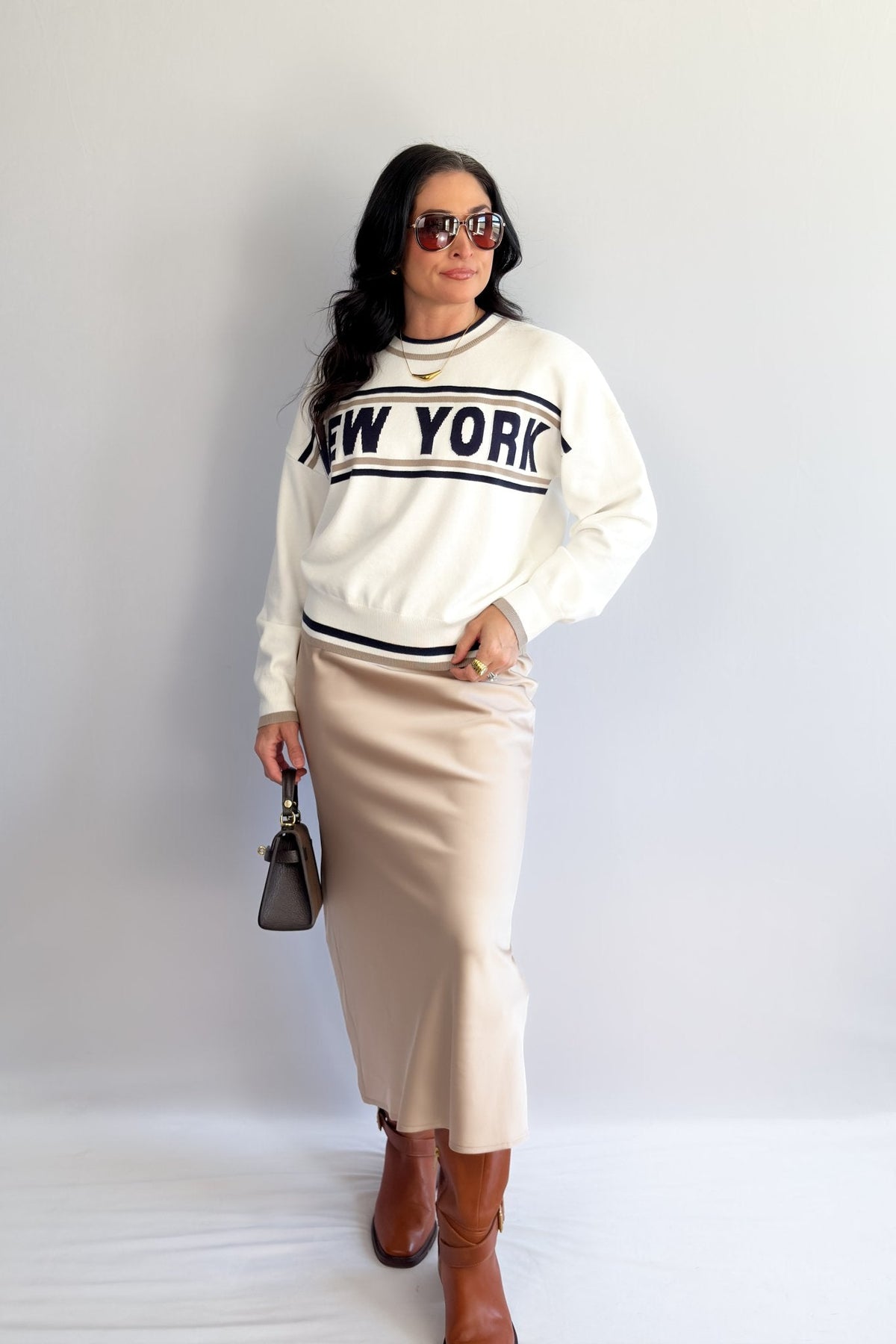 Women’s New York Varsity Knit Sweater – Ivory &amp; Navy - Women&#39;s Shirts &amp; Tops - Blooming Daily