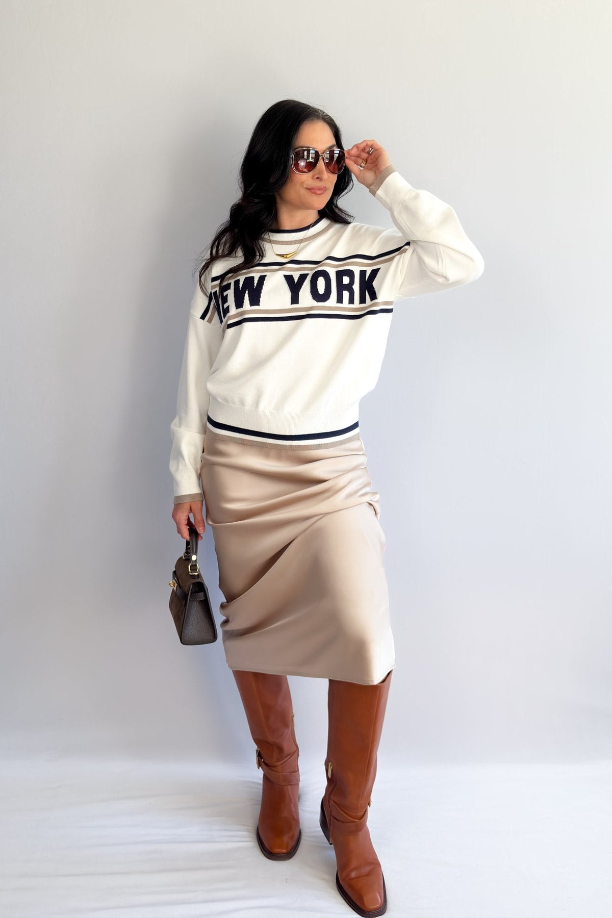 Women’s New York Varsity Knit Sweater – Ivory &amp; Navy - Women&#39;s Shirts &amp; Tops - Blooming Daily
