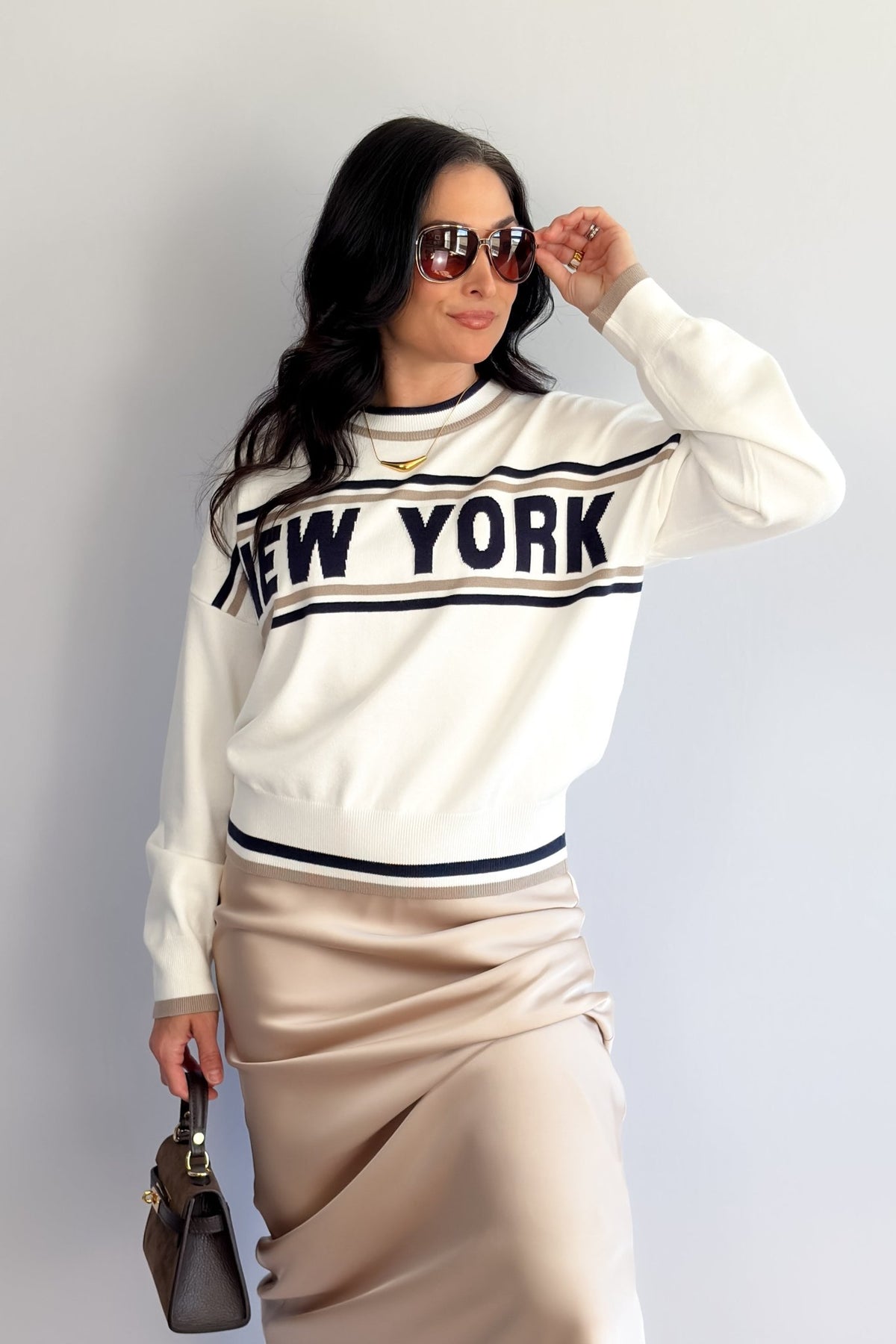 Women’s New York Varsity Knit Sweater – Ivory &amp; Navy - Women&#39;s Shirts &amp; Tops - Blooming Daily