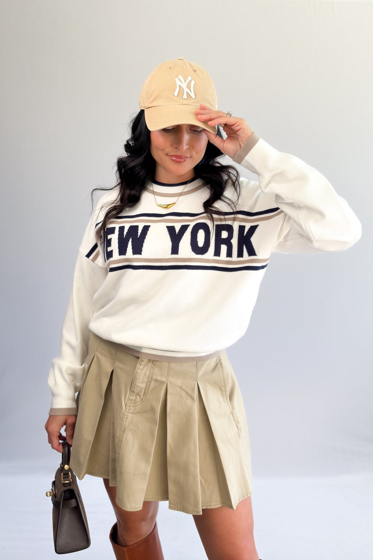 Women’s New York Varsity Knit Sweater – Ivory &amp; Navy - Women&#39;s Shirts &amp; Tops - Blooming Daily