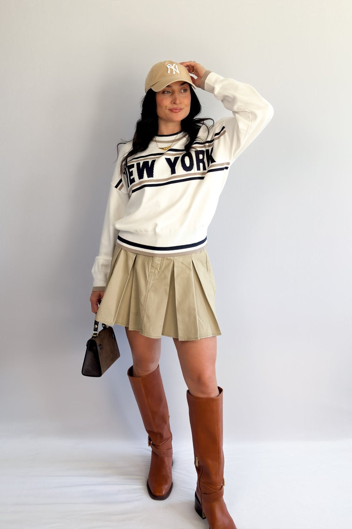Women’s New York Varsity Knit Sweater – Ivory &amp; Navy - Women&#39;s Shirts &amp; Tops - Blooming Daily