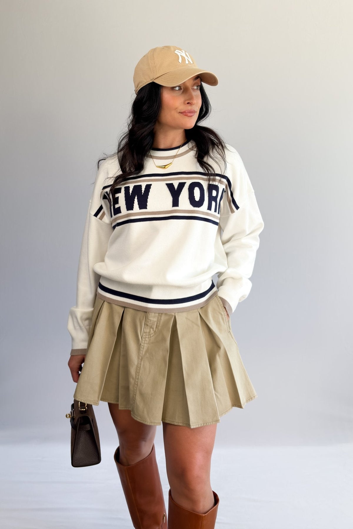 Women’s New York Varsity Knit Sweater – Ivory &amp; Navy - Women&#39;s Shirts &amp; Tops - Blooming Daily