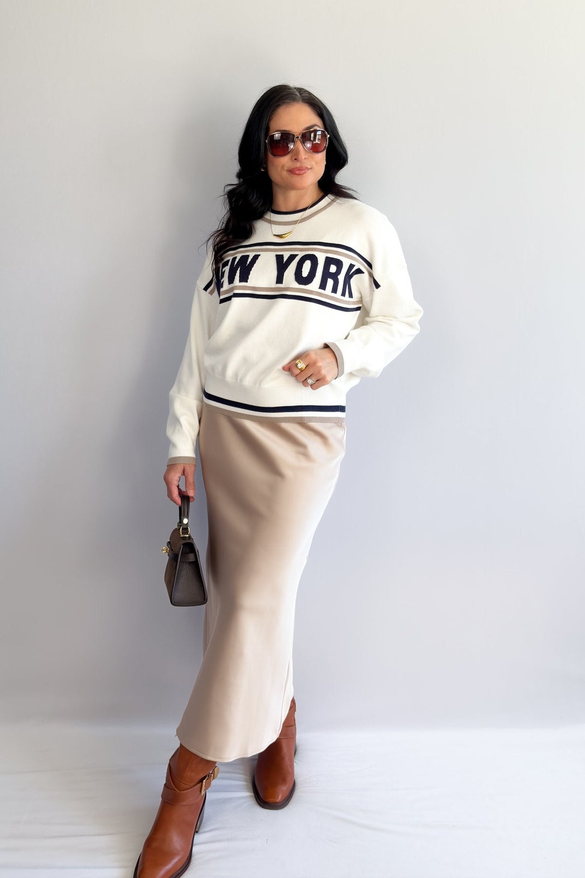Women’s New York Varsity Knit Sweater – Ivory &amp; Navy - Women&#39;s Shirts &amp; Tops - Blooming Daily
