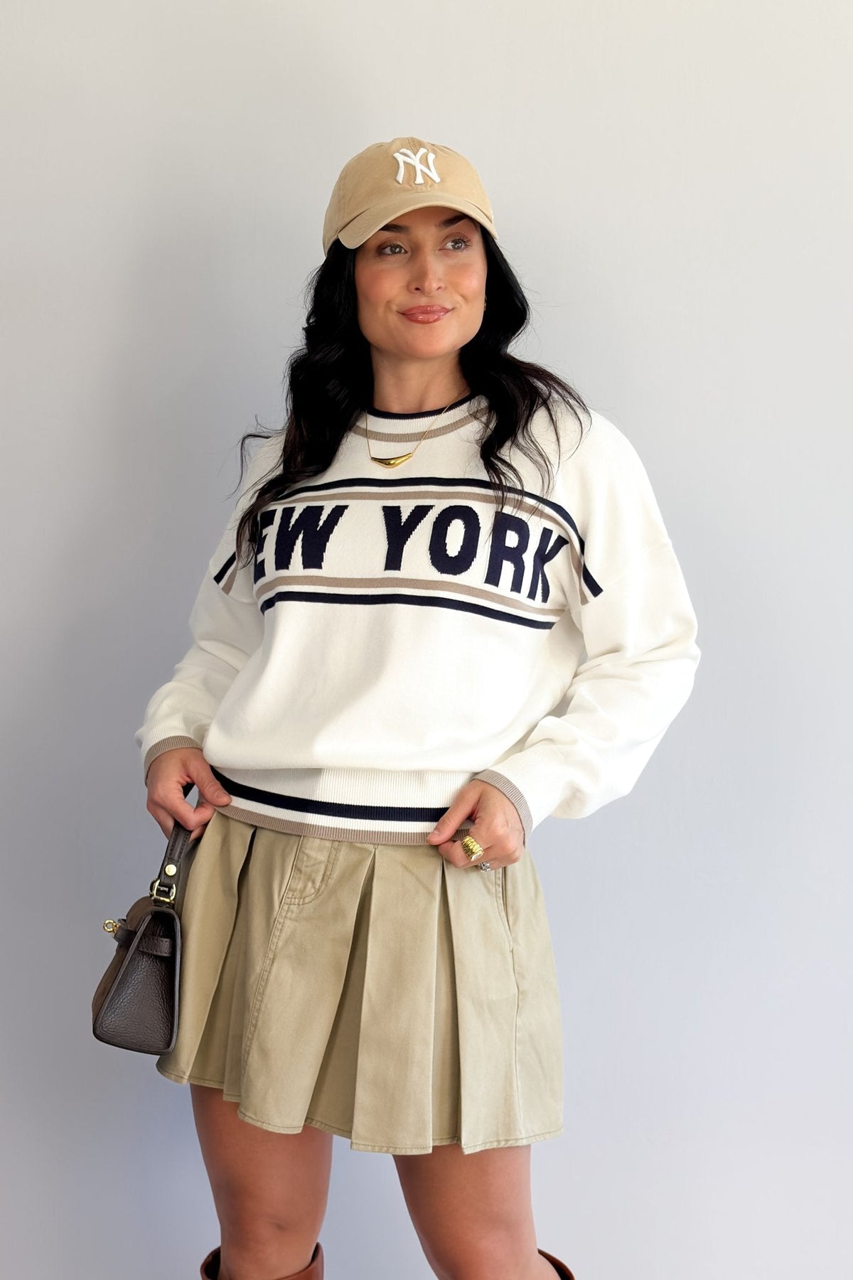Women’s New York Varsity Knit Sweater – Ivory &amp; Navy - Women&#39;s Shirts &amp; Tops - Blooming Daily