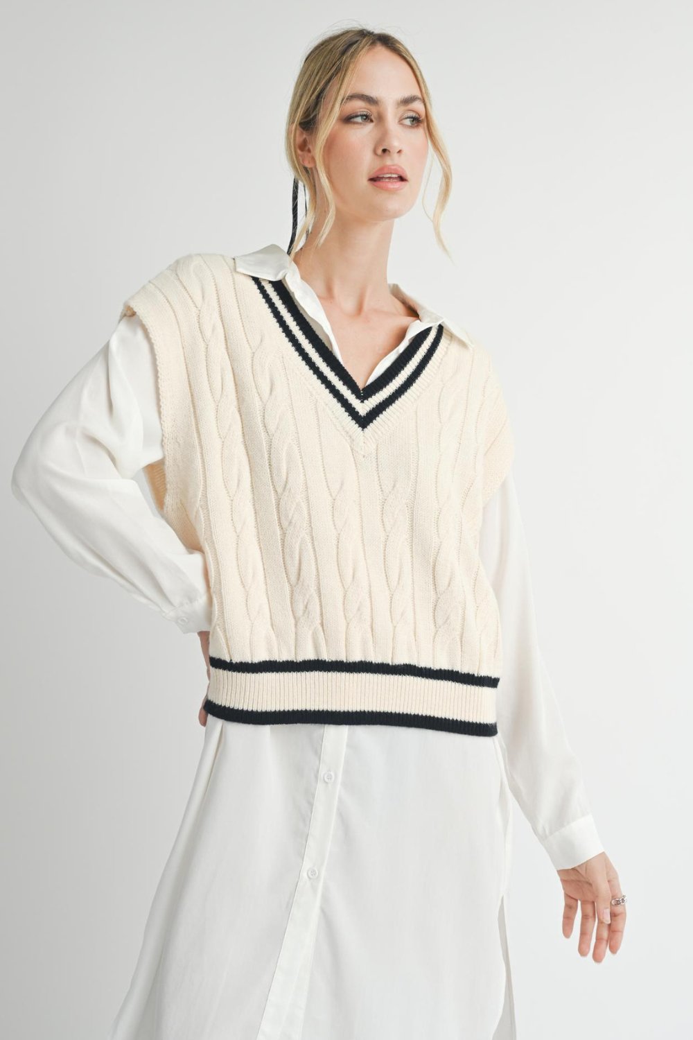 Women&#39;s Old Money Cable Knit Sweater Vest Top | Cream White - Women&#39;s Shirts &amp; Tops - Blooming Daily