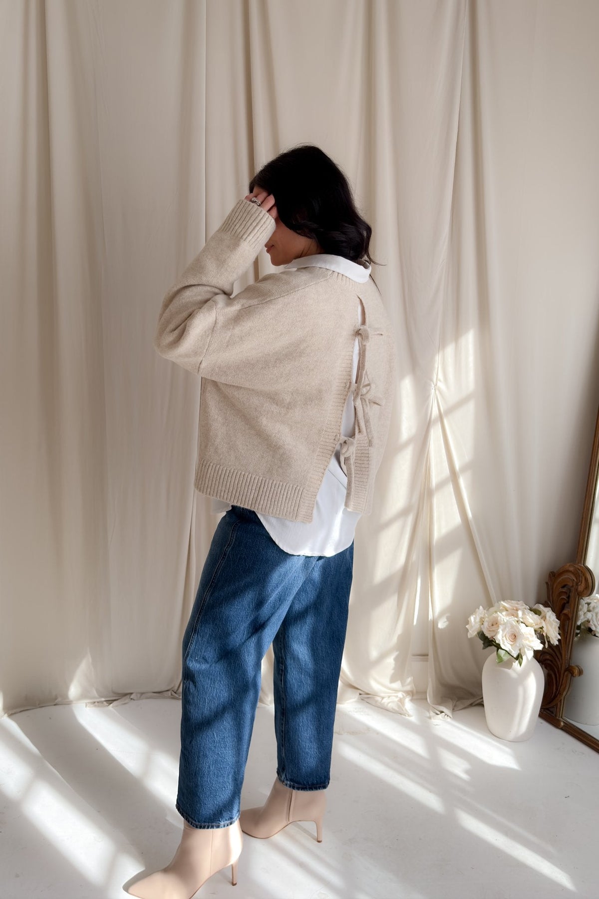 Women’s Open - Back Bow Knit Sweater – Oatmeal - Women's Sweaters - Blooming Daily