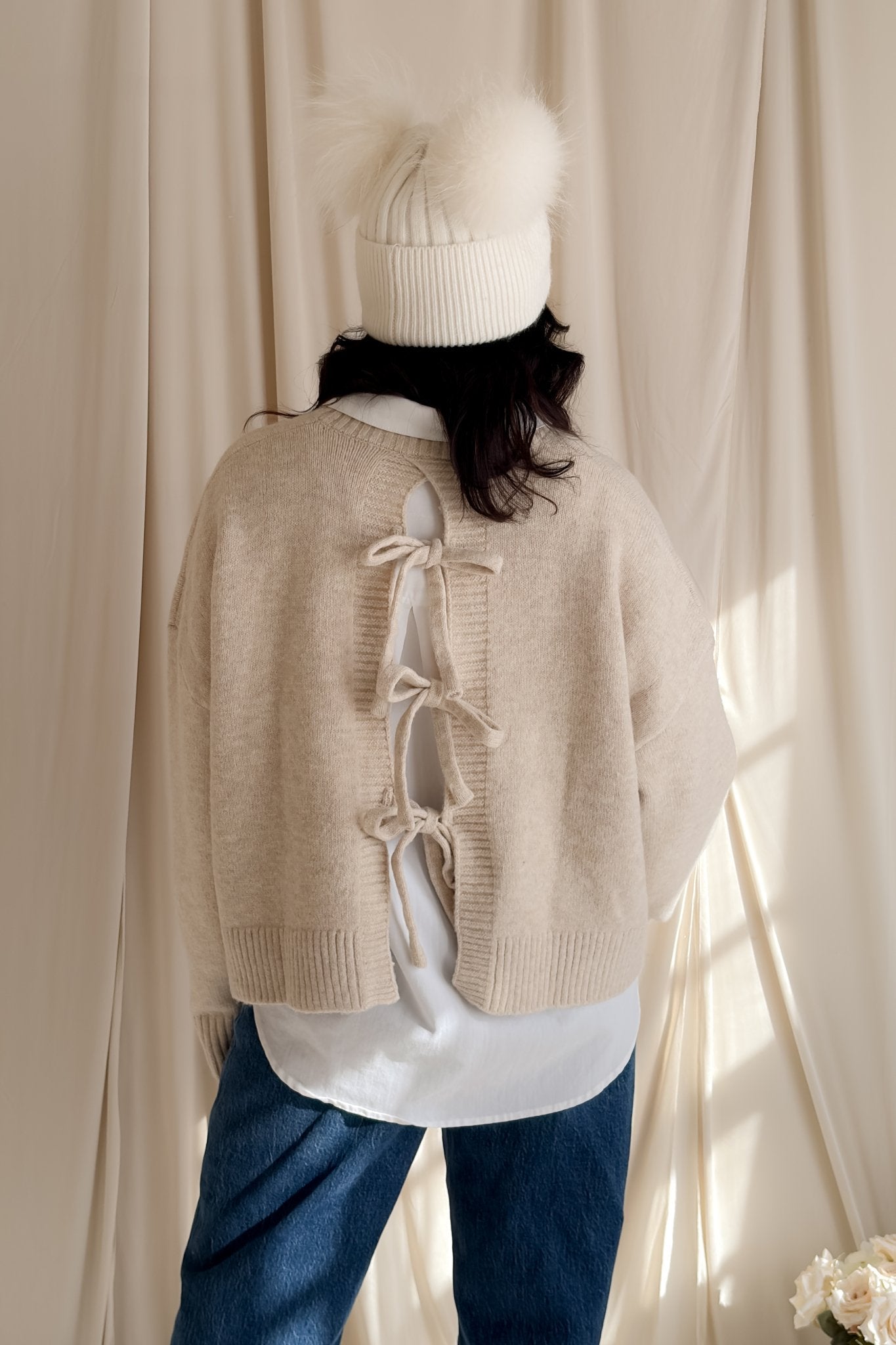 Women’s Open - Back Bow Knit Sweater – Oatmeal - Women's Sweaters - Blooming Daily