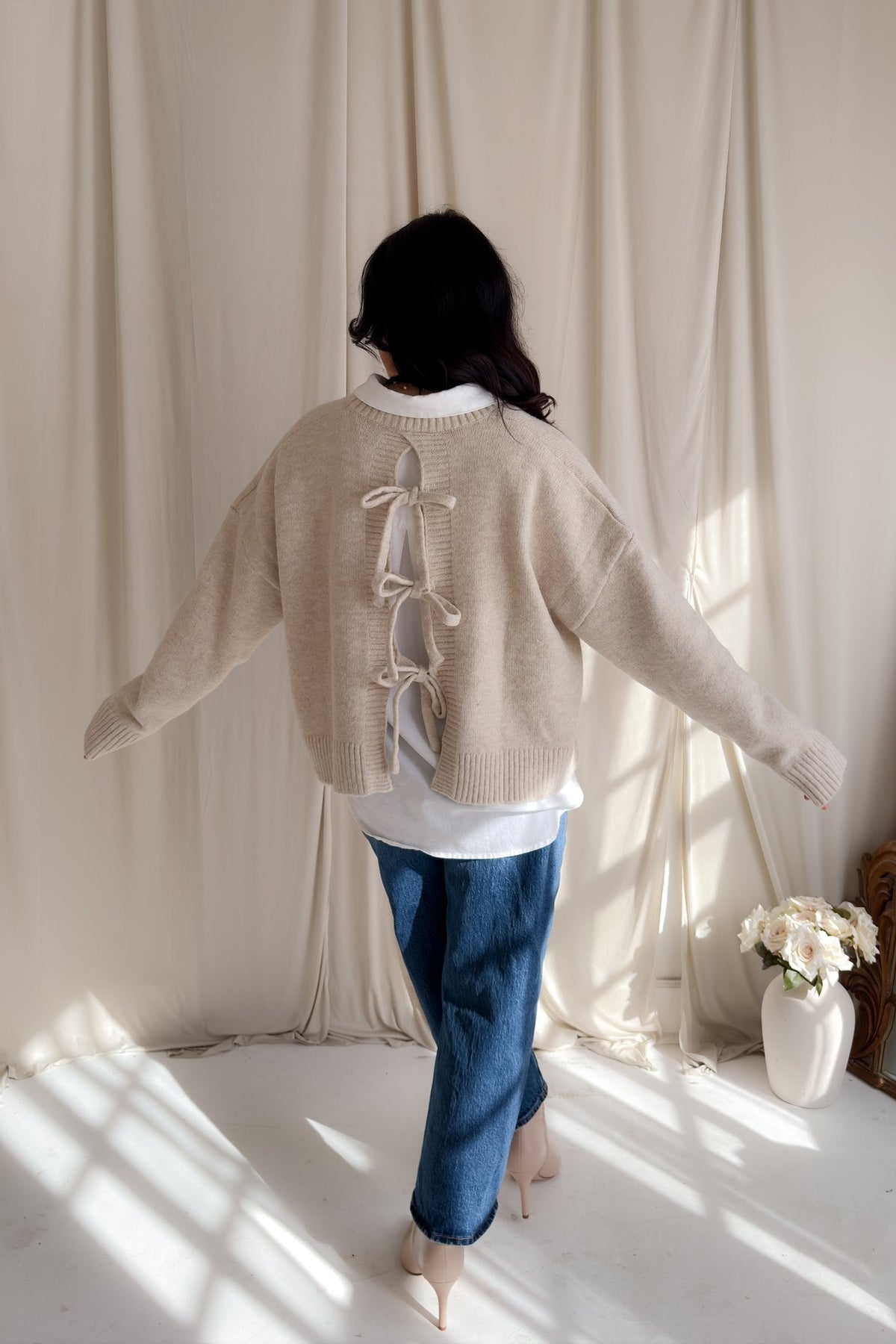 Women’s Open - Back Bow Knit Sweater – Oatmeal - Women's Sweaters - Blooming Daily