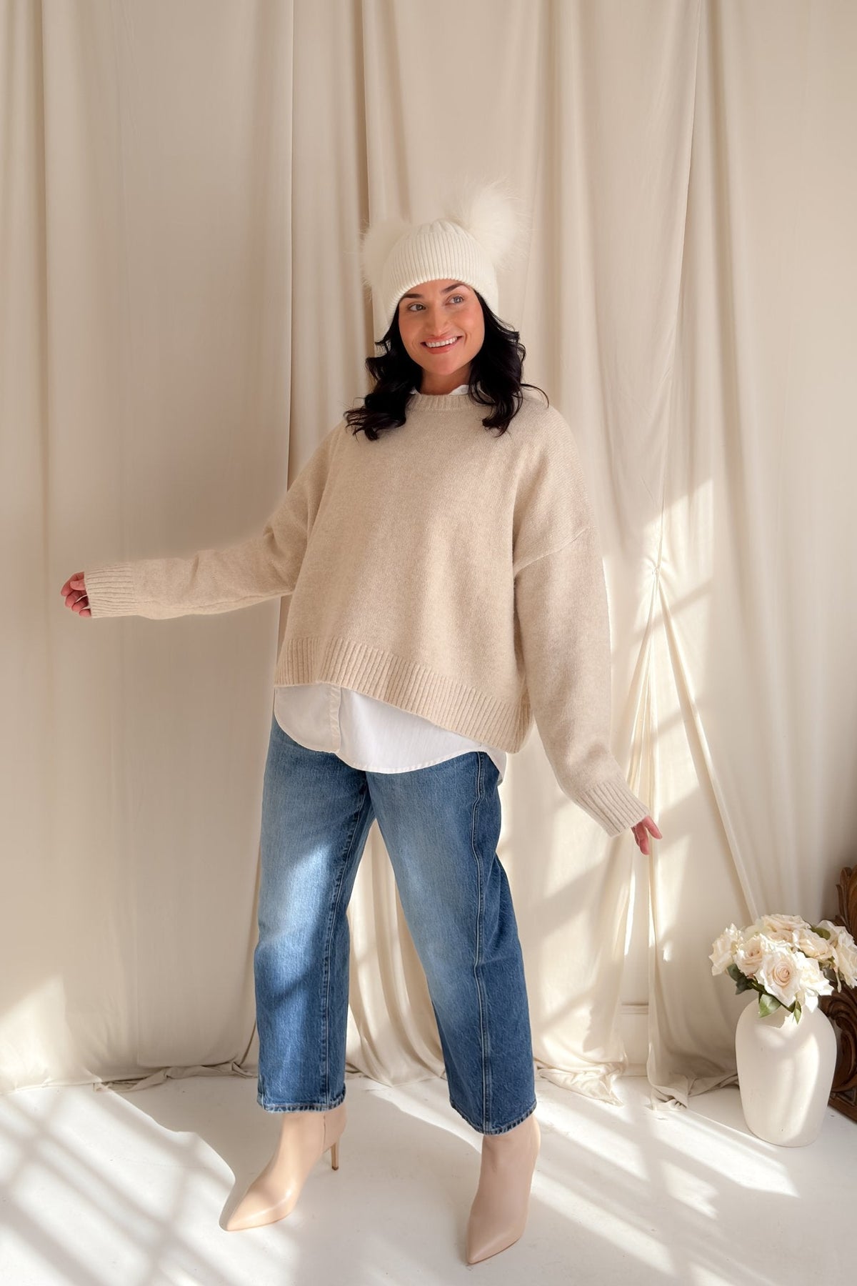 Women’s Open - Back Bow Knit Sweater – Oatmeal - Women's Sweaters - Blooming Daily