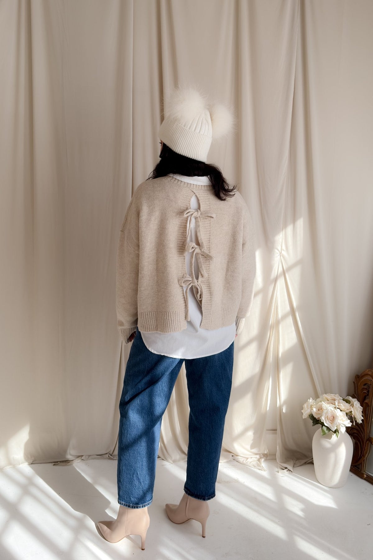 Women’s Open - Back Bow Knit Sweater – Oatmeal - Women's Sweaters - Blooming Daily