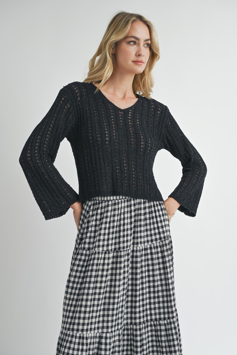 Women's Open Knit Crochet V - Neck Sweater Top | Black - Women's Shirts & Tops - Blooming Daily