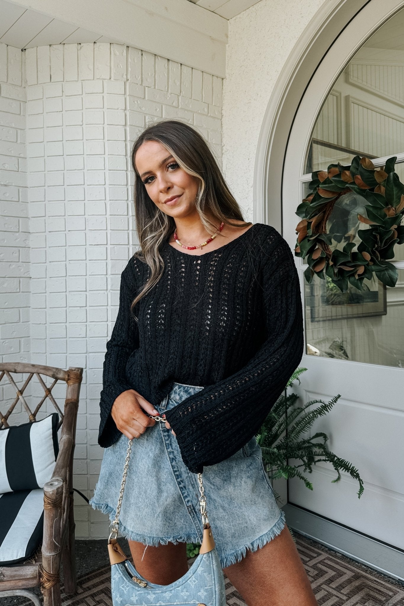 Sadie & Sage Crochet V-Neck Sweater Top - Black - Blooming Daily