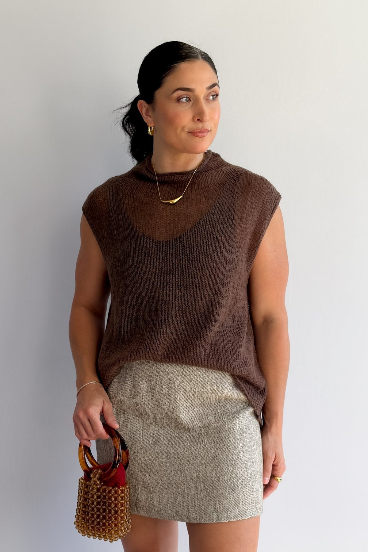 Women’s Open - Knit Mock Neck Sweater Tank – Cocoa Brown Top - Women&#39;s Shirts &amp; Tops - Blooming Daily