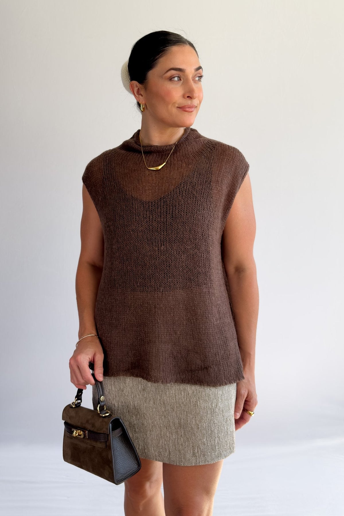 Women’s Open - Knit Mock Neck Sweater Tank – Cocoa Brown Top - Women&#39;s Shirts &amp; Tops - Blooming Daily
