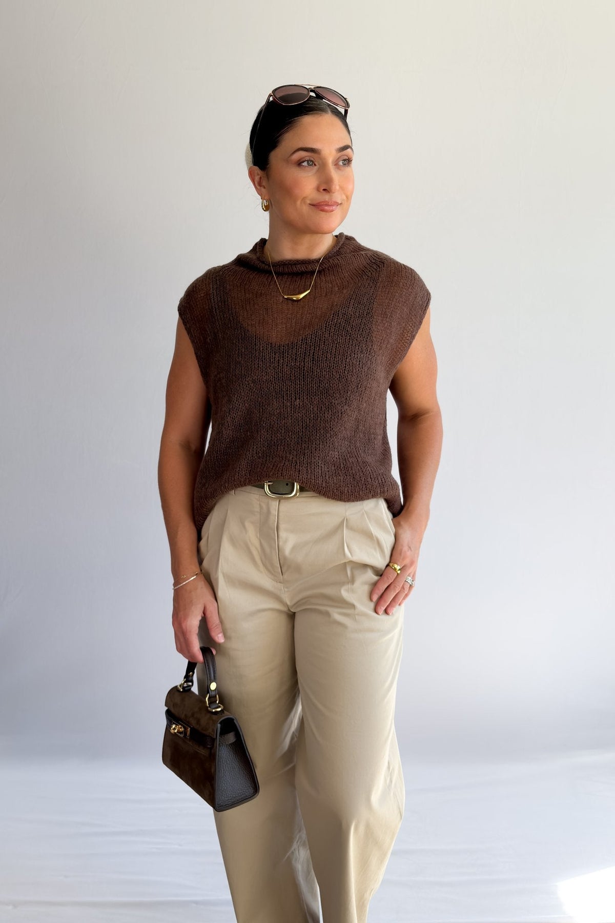 Women’s Open - Knit Mock Neck Sweater Tank – Cocoa Brown Top - Women&#39;s Shirts &amp; Tops - Blooming Daily