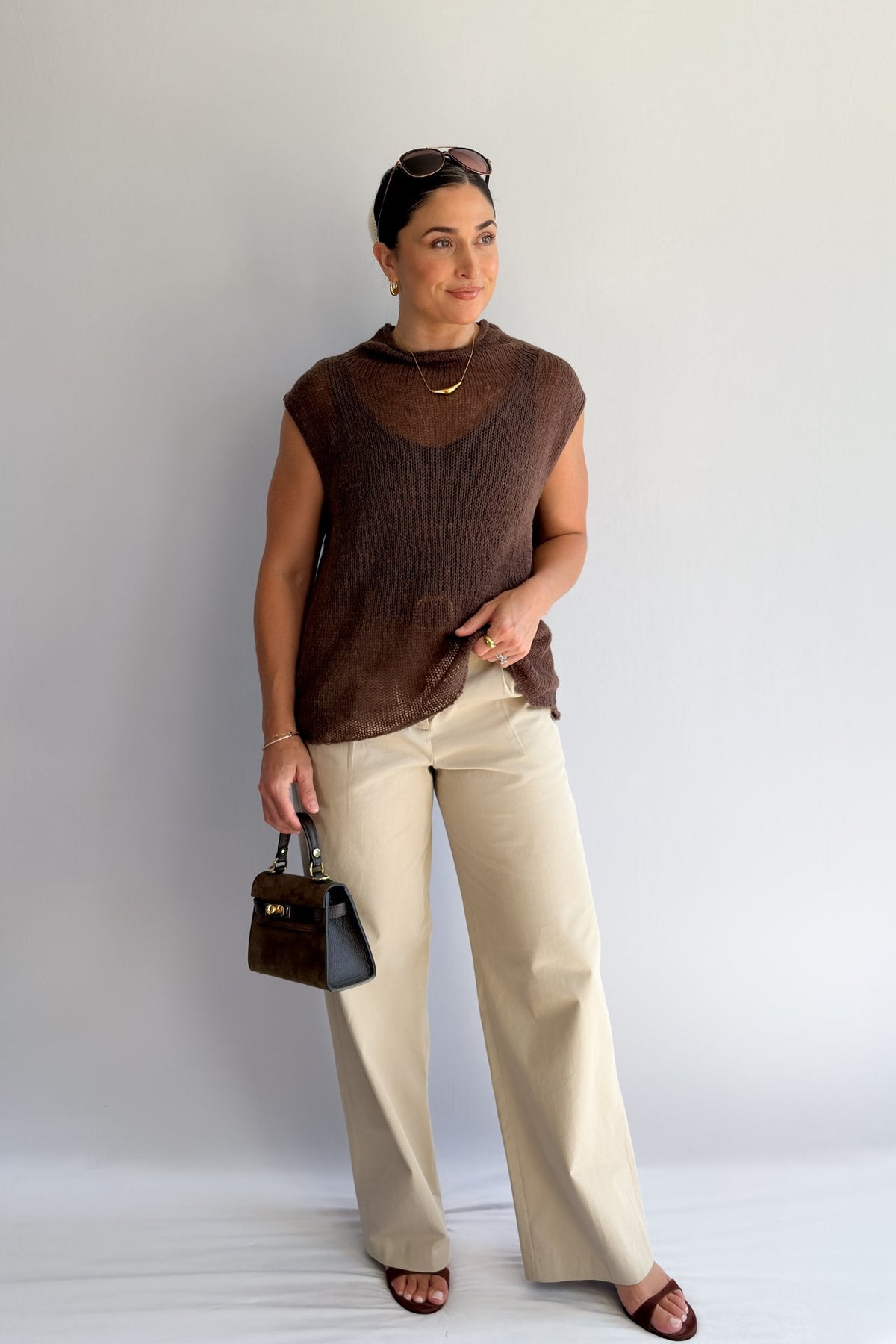 Women’s Open - Knit Mock Neck Sweater Tank – Cocoa Brown Top - Women&#39;s Shirts &amp; Tops - Blooming Daily