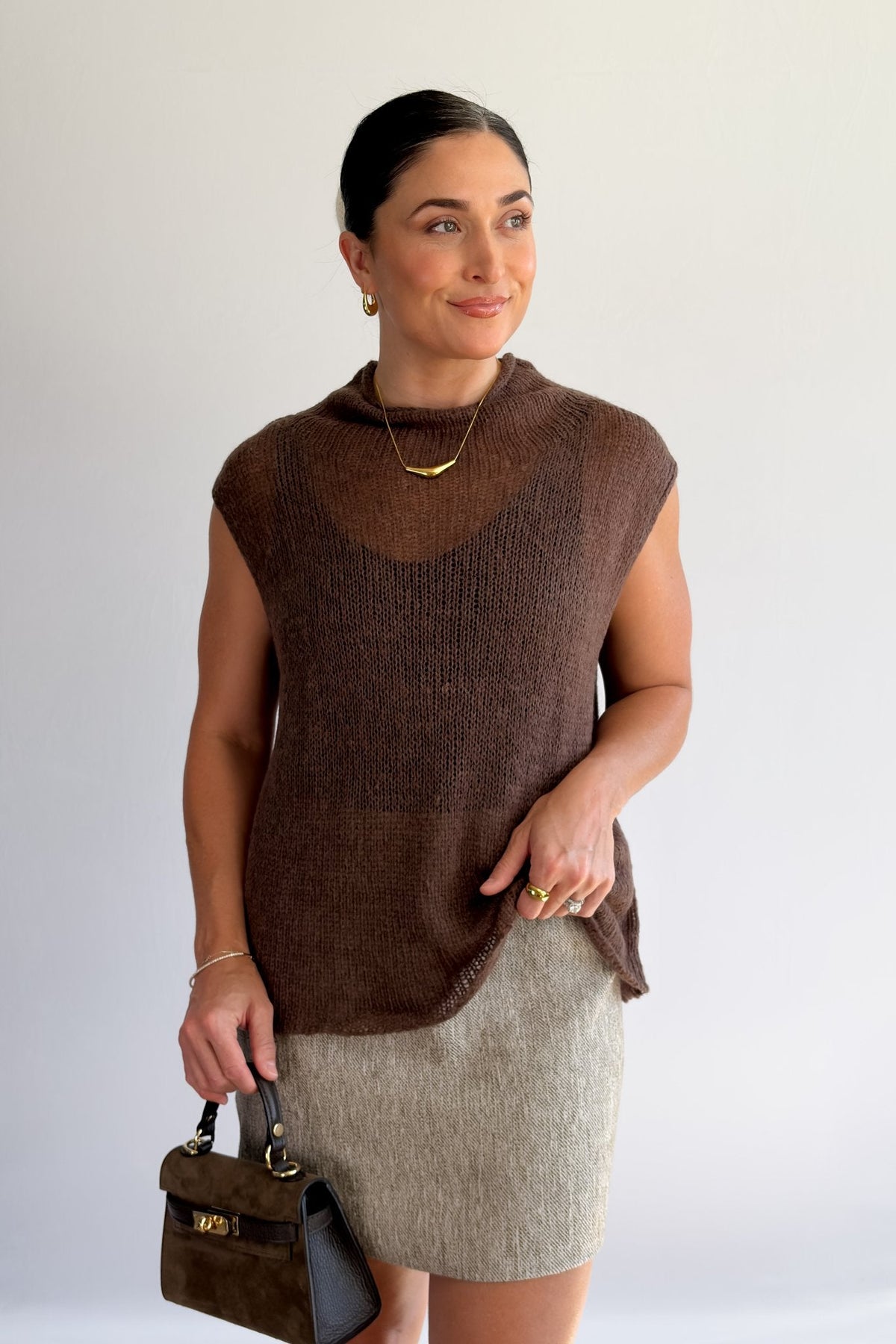 Women’s Open - Knit Mock Neck Sweater Tank – Cocoa Brown Top - Women&#39;s Shirts &amp; Tops - Blooming Daily