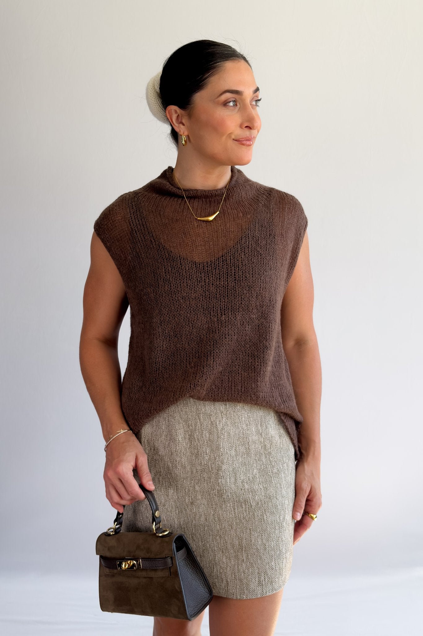 Women’s Open - Knit Mock Neck Sweater Tank – Cocoa Brown Top - Women's Shirts & Tops - Blooming Daily