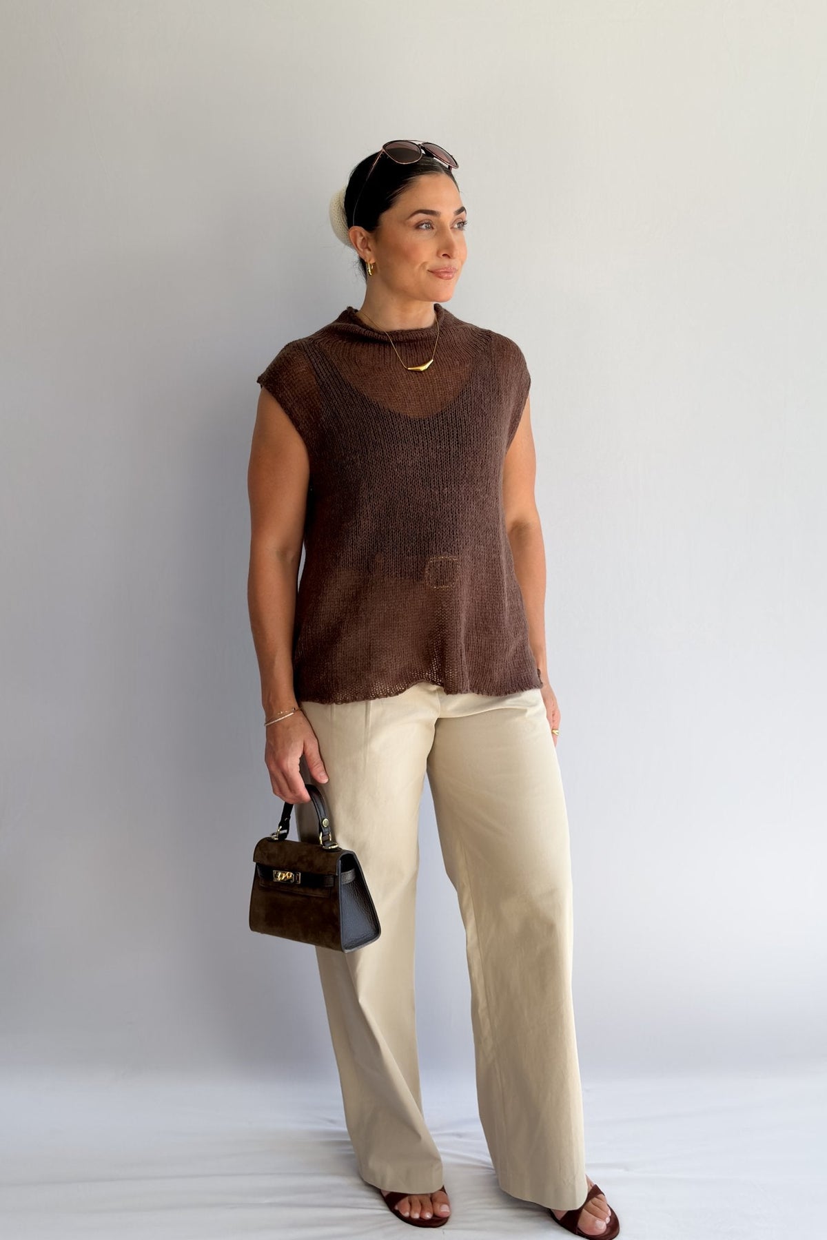Women’s Open - Knit Mock Neck Sweater Tank – Cocoa Brown Top - Women&#39;s Shirts &amp; Tops - Blooming Daily