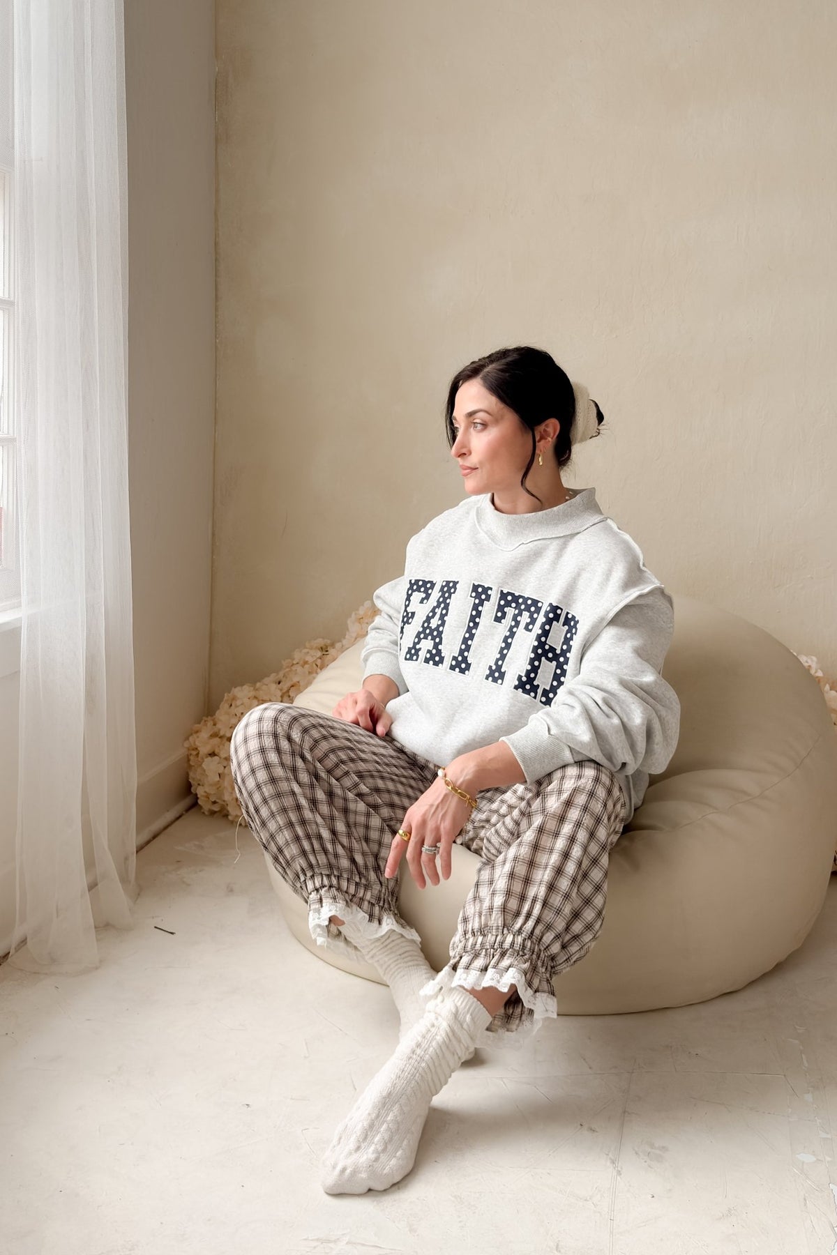 Women’s Oversized Mock Neck Sweatshirt – Faith Graphic Grey - Women's Shirts & Tops - Blooming Daily