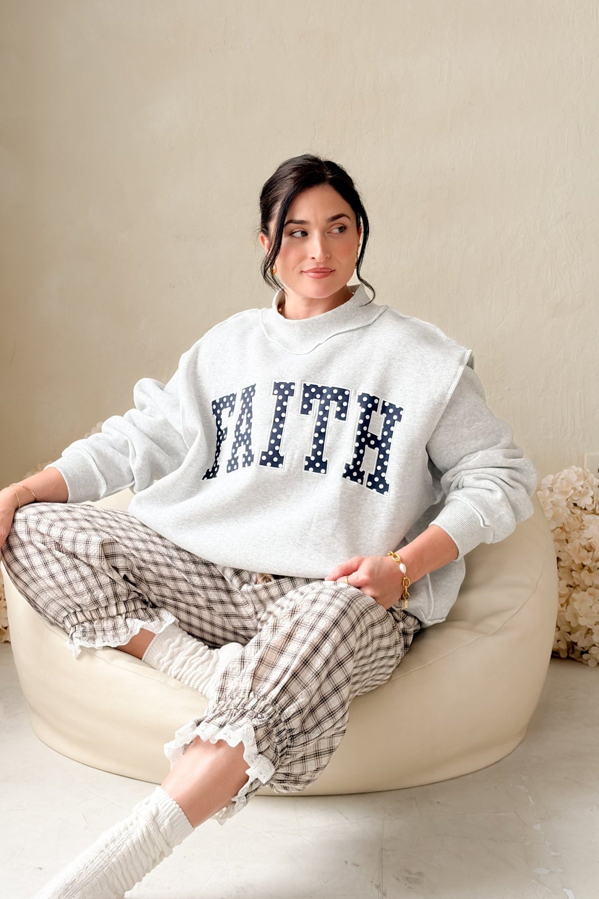 Women’s Oversized Mock Neck Sweatshirt – Faith Graphic Grey - Women's Shirts & Tops - Blooming Daily