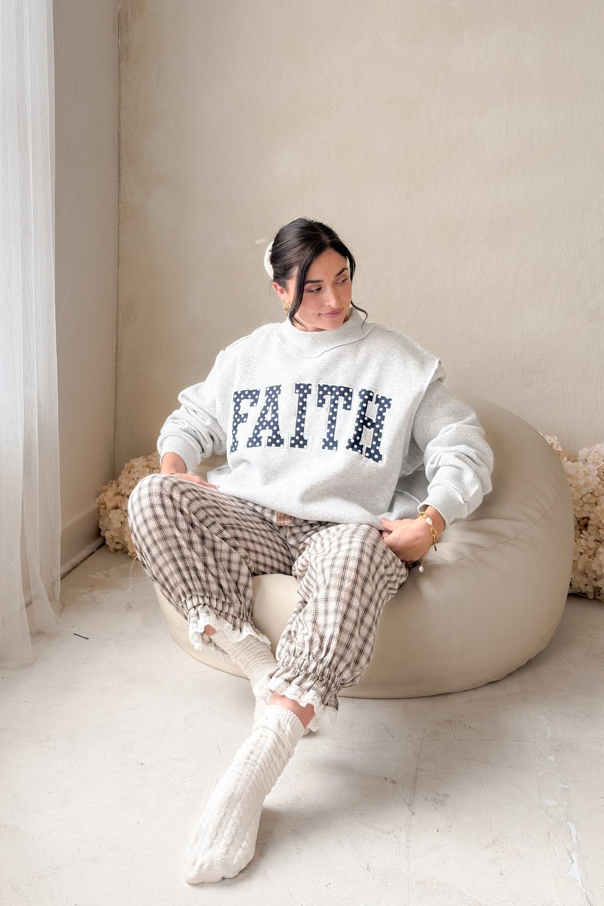 Women’s Oversized Mock Neck Sweatshirt – Faith Graphic Grey - Women's Shirts & Tops - Blooming Daily