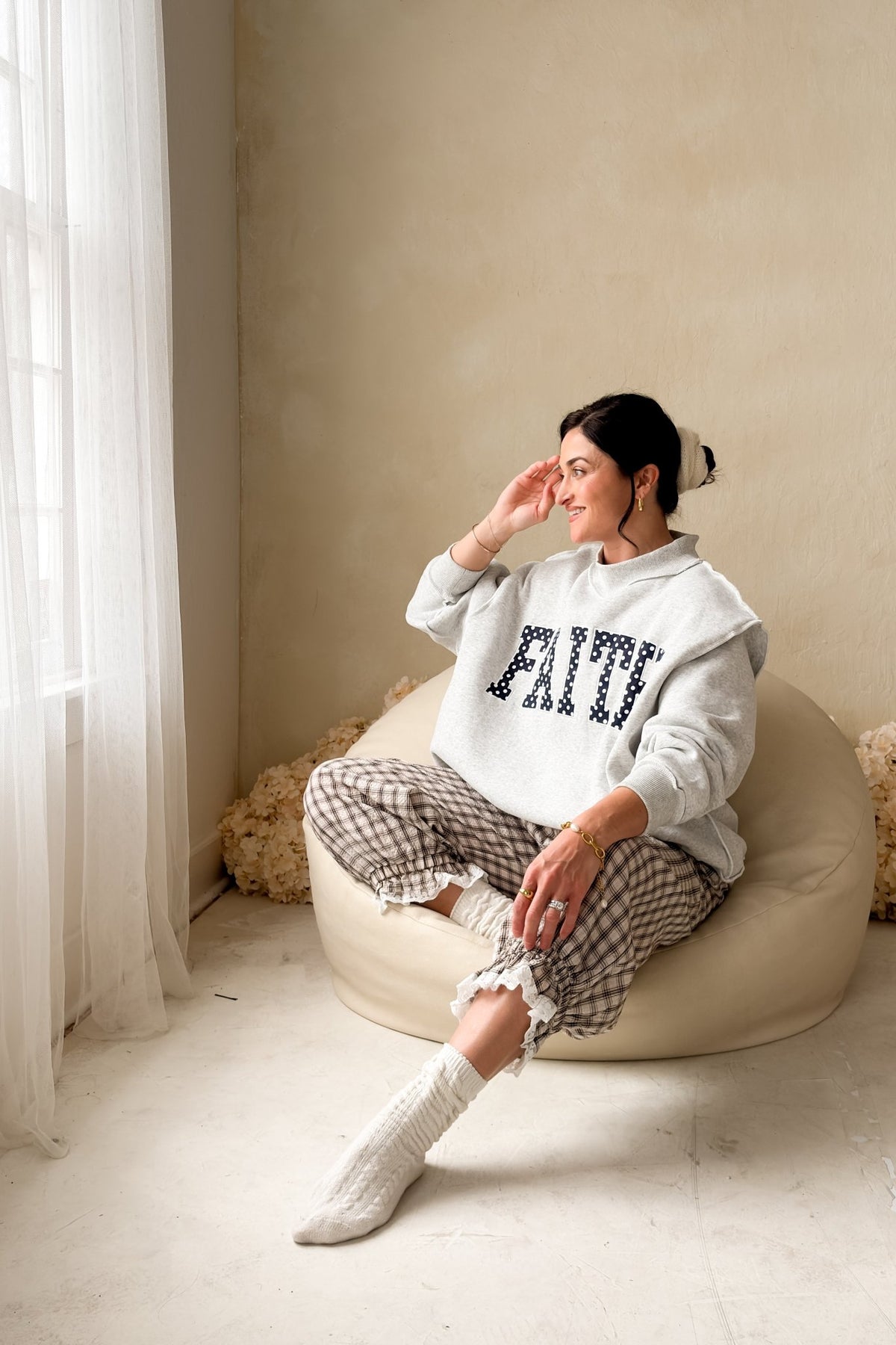 Women’s Oversized Mock Neck Sweatshirt – Faith Graphic Grey - Women's Shirts & Tops - Blooming Daily