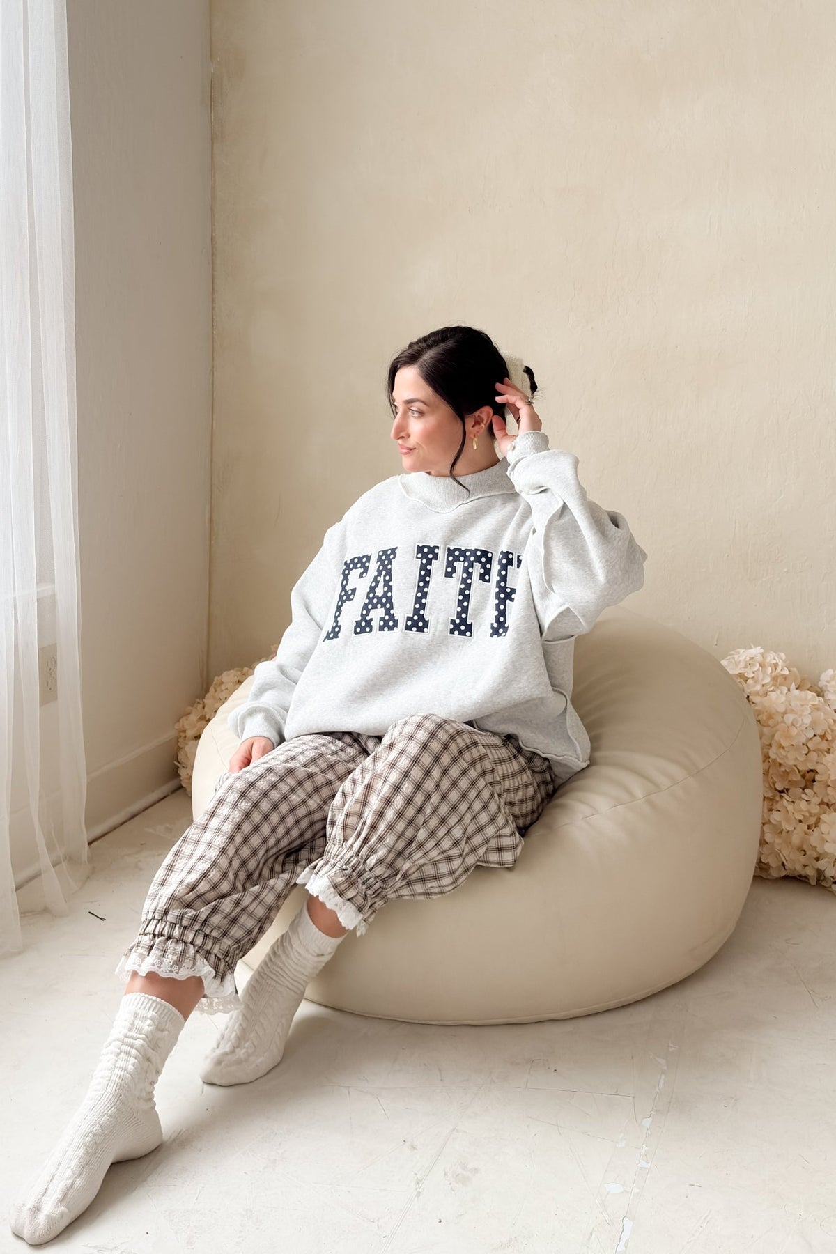 Women’s Oversized Mock Neck Sweatshirt – Faith Graphic Grey - Women's Shirts & Tops - Blooming Daily